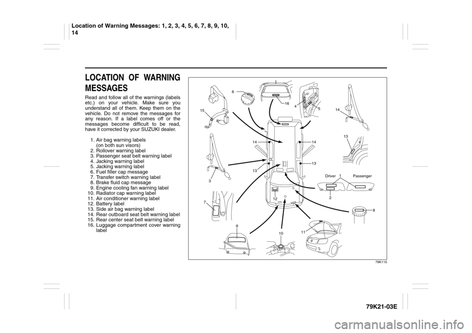 SUZUKI GRAND VITARA 2010 3.G User Guide 79K21-03E
LOCATION OF WARNING
MESSAGESRead and follow all of the warnings (labels
etc.) on your vehicle. Make sure you
understand all of them. Keep them on the
vehicle. Do not remove the messages for
SUZUKI GRAND VITARA 2010 3.G User Guide 79K21-03E
LOCATION OF WARNING
MESSAGESRead and follow all of the warnings (labels
etc.) on your vehicle. Make sure you
understand all of them. Keep them on the
vehicle. Do not remove the messages for
