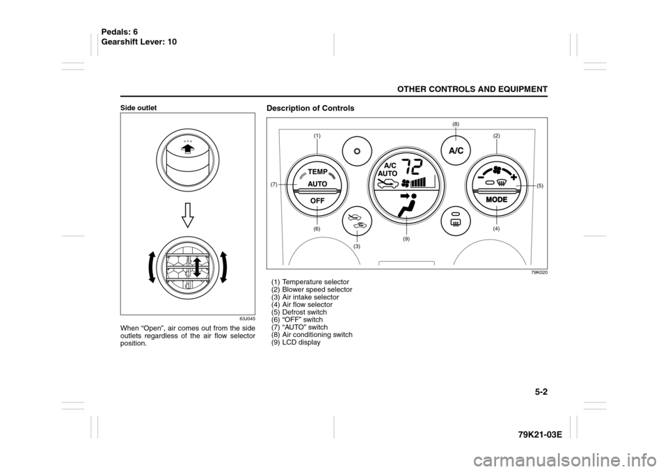 SUZUKI GRAND VITARA 2010 3.G Owners Manual 5-2
OTHER CONTROLS AND EQUIPMENT
79K21-03E
Side outlet
63J045
When “Open”, air comes out from the side
outlets regardless of the air flow selector
position.
Description of Controls
79K020
(1) Temp SUZUKI GRAND VITARA 2010 3.G Owners Manual 5-2
OTHER CONTROLS AND EQUIPMENT
79K21-03E
Side outlet
63J045
When “Open”, air comes out from the side
outlets regardless of the air flow selector
position.
Description of Controls
79K020
(1) Temp