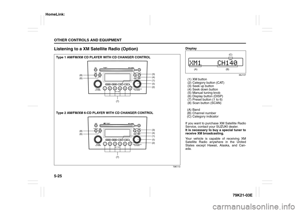 SUZUKI GRAND VITARA 2010 3.G Owners Manual 5-25OTHER CONTROLS AND EQUIPMENT
79K21-03E
Listening to a XM Satellite Radio (Option)
79K110
(5)(2)
(8)
(6)
(3)
(4)
(7)
(1)(5)(2)
(8)
(6)
(3)
(4)
(7)
(1)
Type 1 AM/FM/XM CD PLAYER WITH CD CHANGER CONT