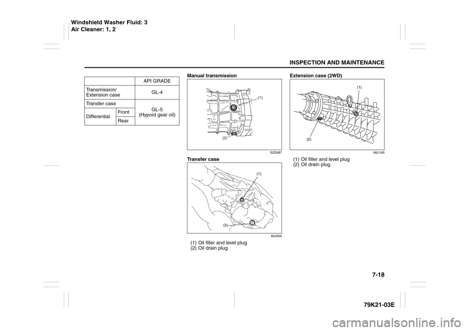 SUZUKI GRAND VITARA 2010 3.G Owners Manual 7-18
INSPECTION AND MAINTENANCE
79K21-03E
Manual transmission
52D087
Transfer case
66J005
(1) Oil filler and level plug
(2) Oil drain plugExtension case (2WD)
66J165
(1) Oil filler and level plug
(2) 