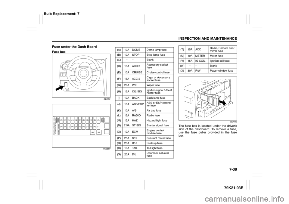 SUZUKI GRAND VITARA 2010 3.G Owners Manual 7-38
INSPECTION AND MAINTENANCE
79K21-03E
Fuse under the Dash BoardFuse box
64J192
79K05765D045
The fuse box is located under the driver’s
side of the dashboard. To remove a fuse,
use the fuse pulle SUZUKI GRAND VITARA 2010 3.G Owners Manual 7-38
INSPECTION AND MAINTENANCE
79K21-03E
Fuse under the Dash BoardFuse box
64J192
79K05765D045
The fuse box is located under the driver’s
side of the dashboard. To remove a fuse,
use the fuse pulle