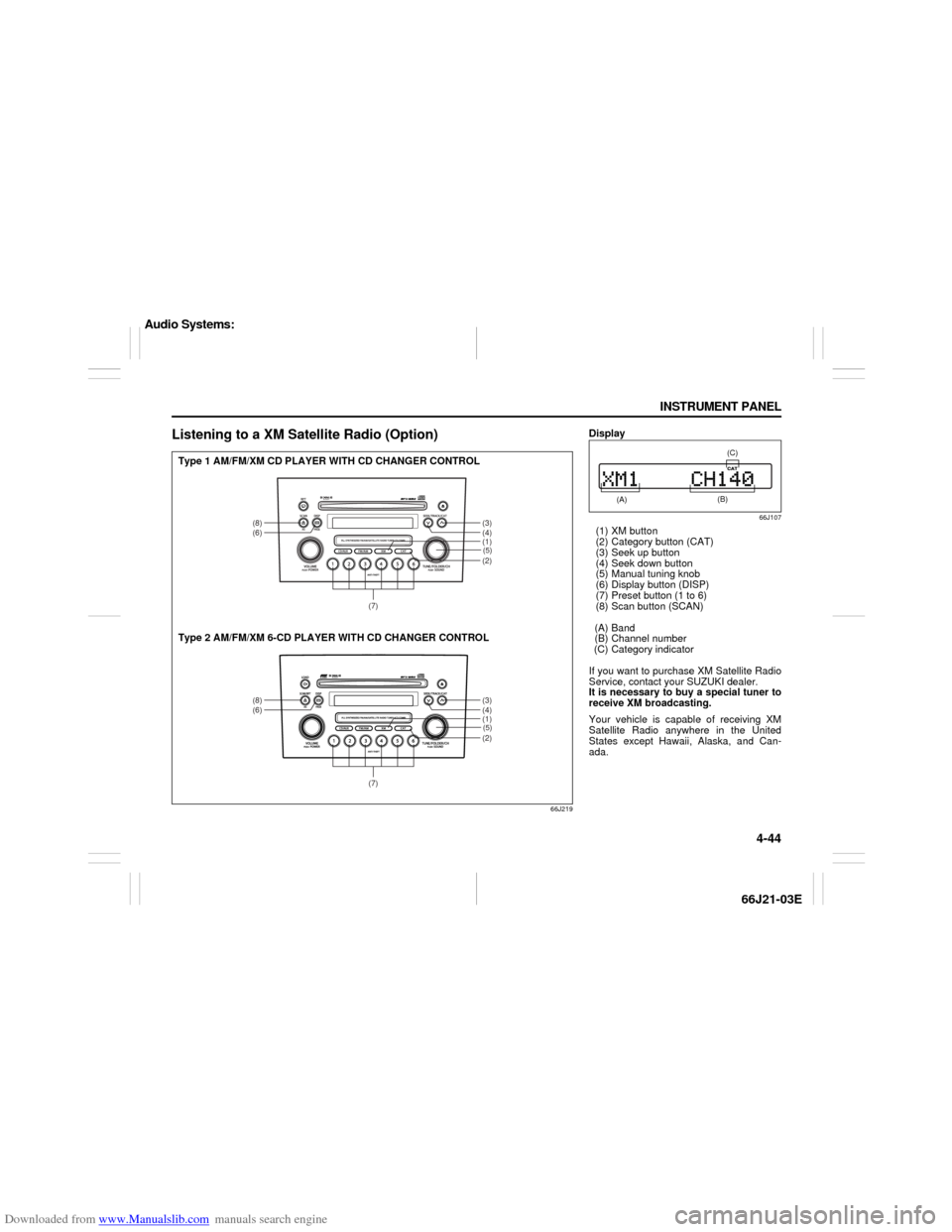 SUZUKI GRAND VITARA 2007 3.G Owners Manual Downloaded from www.Manualslib.com manuals search engine 4-44 INSTRUMENT PANEL
66J21-03E
Listening to a XM Satellite Radio (Option)
66J219
(5)(2)
(8)
(6)
(3)
(4)
(7)
(1)(5)(2)
(8)
(6)
(3)
(4)
(7)
(1)
SUZUKI GRAND VITARA 2007 3.G Owners Manual Downloaded from www.Manualslib.com manuals search engine 4-44 INSTRUMENT PANEL
66J21-03E
Listening to a XM Satellite Radio (Option)
66J219
(5)(2)
(8)
(6)
(3)
(4)
(7)
(1)(5)(2)
(8)
(6)
(3)
(4)
(7)
(1)