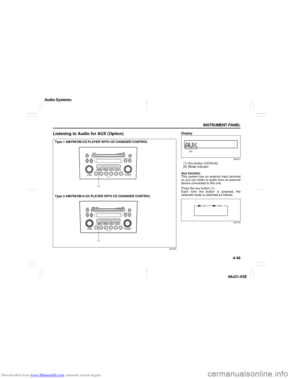 SUZUKI GRAND VITARA 2007 3.G Owners Manual Downloaded from www.Manualslib.com manuals search engine 4-46 INSTRUMENT PANEL
66J21-03E
Listening to Audio for AUX (Option)
66J220
(1)(1)
Type 1 AM/FM/XM CD PLAYER WITH CD CHANGER CONTROL
Type 2 AM/F