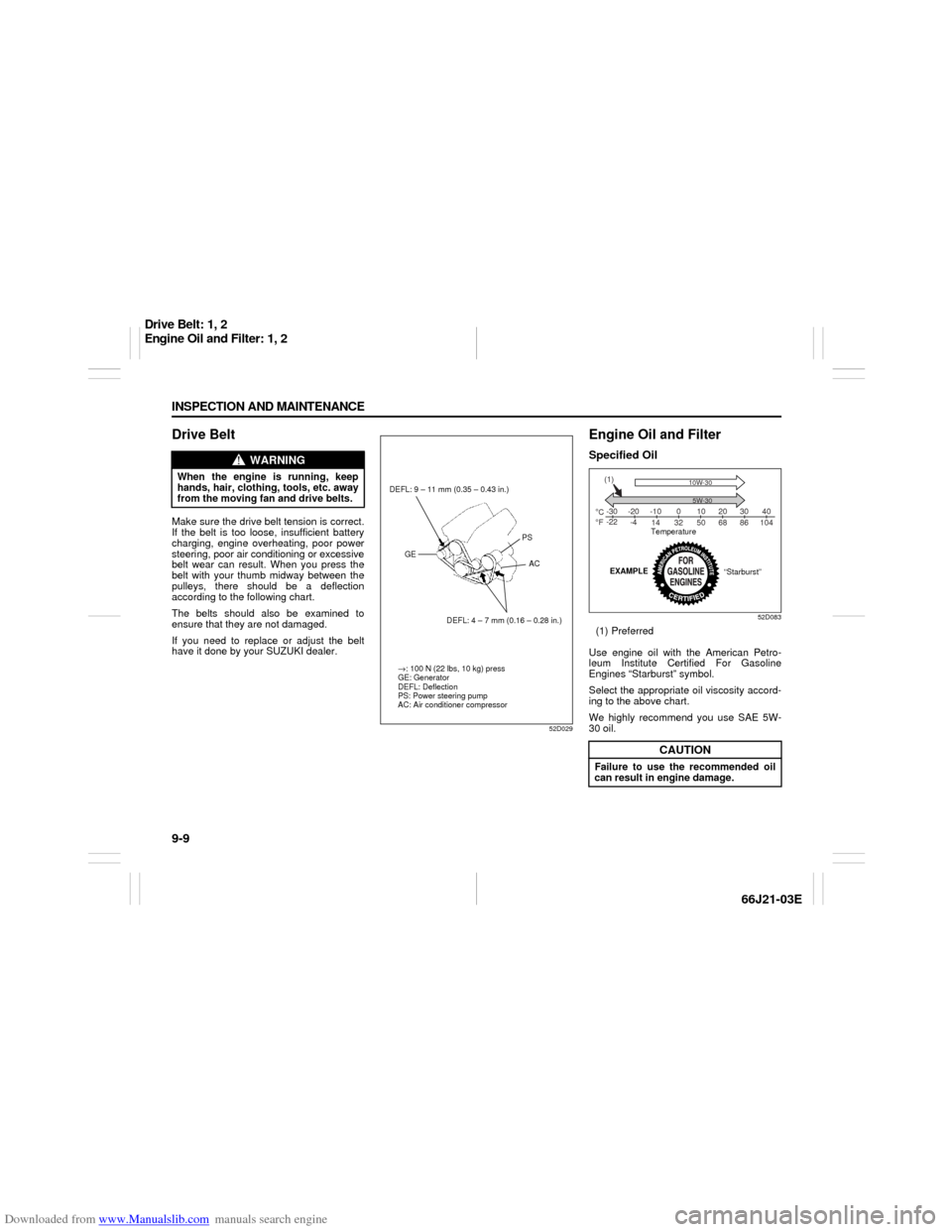 SUZUKI GRAND VITARA 2007 3.G Owners Manual Downloaded from www.Manualslib.com manuals search engine 9-9 INSPECTION AND MAINTENANCE
66J21-03E
Drive BeltMake sure the drive belt tension is correct.
If the belt is too loose, insufficient battery
SUZUKI GRAND VITARA 2007 3.G Owners Manual Downloaded from www.Manualslib.com manuals search engine 9-9 INSPECTION AND MAINTENANCE
66J21-03E
Drive BeltMake sure the drive belt tension is correct.
If the belt is too loose, insufficient battery