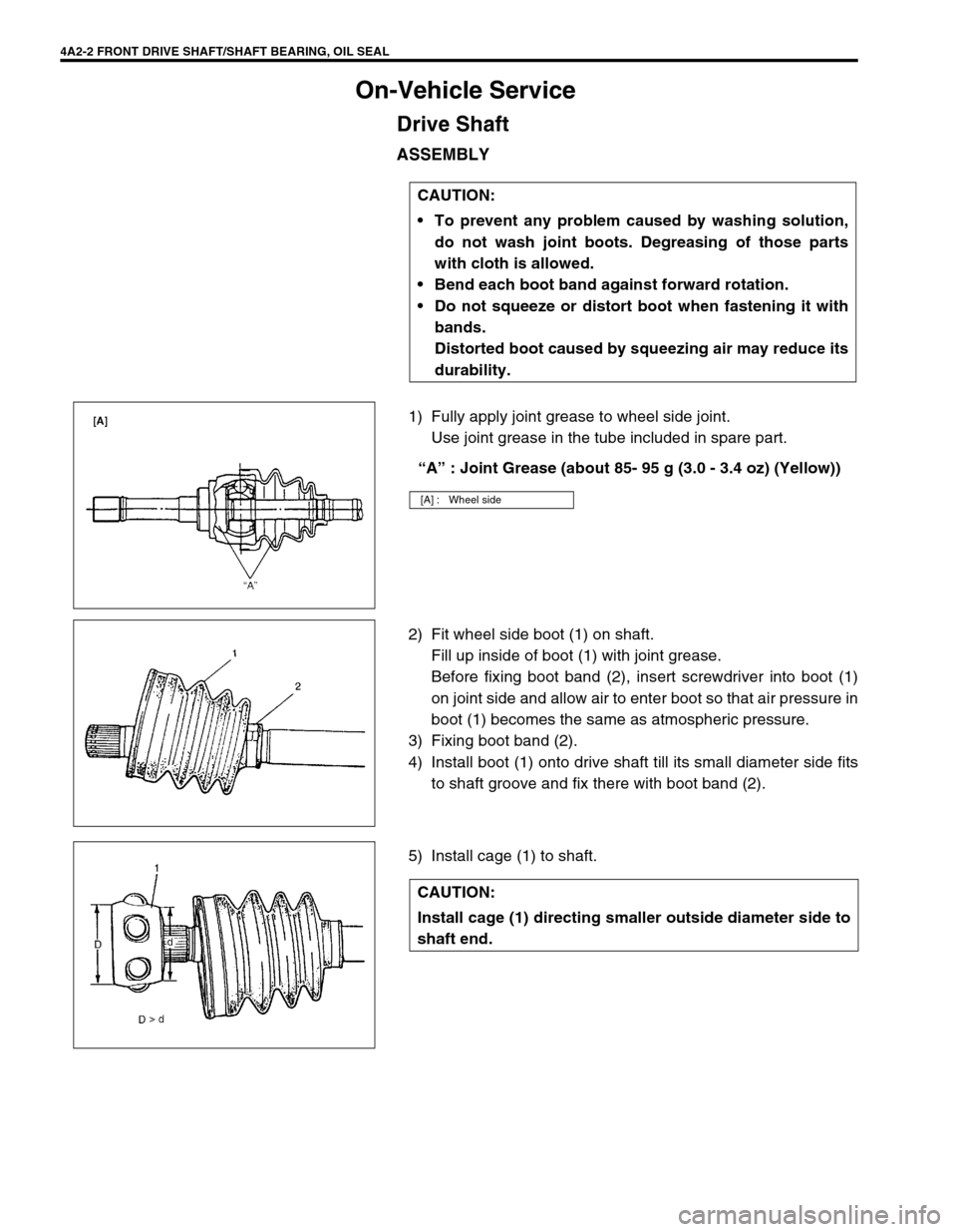 SUZUKI GRAND VITARA 1999 2.G Owners Manual 4A2-2 FRONT DRIVE SHAFT/SHAFT BEARING, OIL SEAL
On-Vehicle Service
Drive Shaft
ASSEMBLY
1) Fully apply joint grease to wheel side joint.
Use joint grease in the tube included in spare part.
“A” : SUZUKI GRAND VITARA 1999 2.G Owners Manual 4A2-2 FRONT DRIVE SHAFT/SHAFT BEARING, OIL SEAL
On-Vehicle Service
Drive Shaft
ASSEMBLY
1) Fully apply joint grease to wheel side joint.
Use joint grease in the tube included in spare part.
“A” :