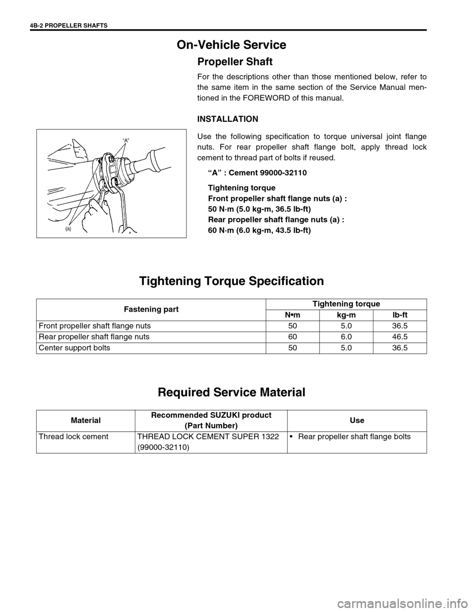 SUZUKI GRAND VITARA 1999 2.G Owners Manual 4B-2 PROPELLER SHAFTS
On-Vehicle Service
Propeller Shaft
For the descriptions other than those mentioned below, refer to
the same item in the same section of the Service Manual men-
tioned in the FORE SUZUKI GRAND VITARA 1999 2.G Owners Manual 4B-2 PROPELLER SHAFTS
On-Vehicle Service
Propeller Shaft
For the descriptions other than those mentioned below, refer to
the same item in the same section of the Service Manual men-
tioned in the FORE