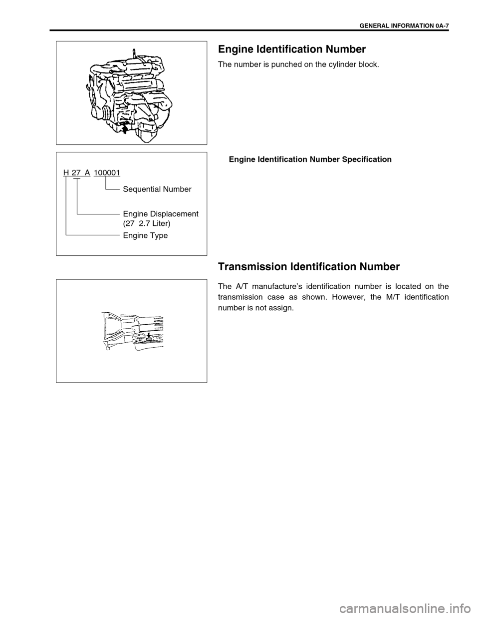 SUZUKI GRAND VITARA 1999 2.G User Guide GENERAL INFORMATION 0A-7
Engine Identification Number
The number is punched on the cylinder block.
Engine Identification Number Specification
Transmission Identification Number
The A/T manufacture’s SUZUKI GRAND VITARA 1999 2.G User Guide GENERAL INFORMATION 0A-7
Engine Identification Number
The number is punched on the cylinder block.
Engine Identification Number Specification
Transmission Identification Number
The A/T manufacture’s