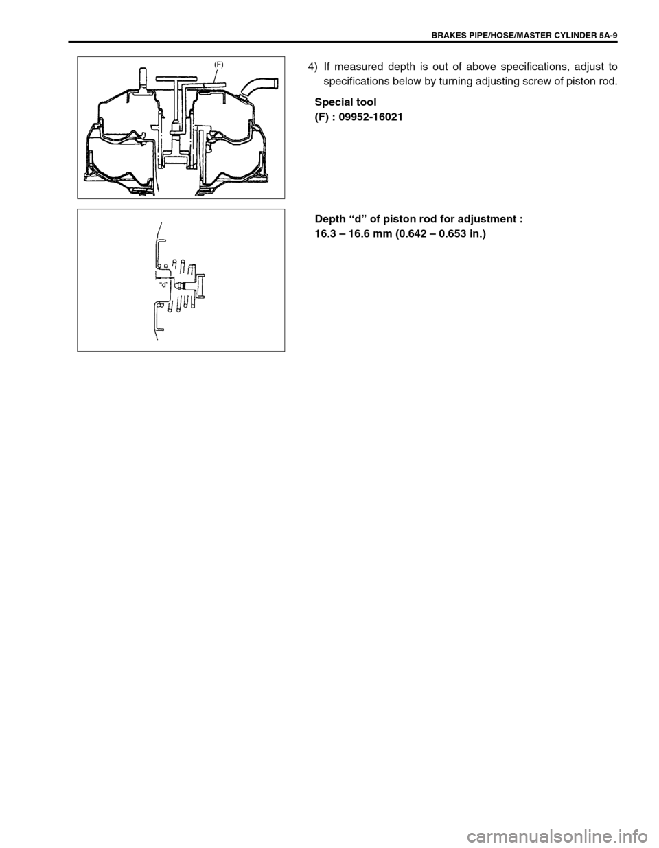 SUZUKI GRAND VITARA 1999 2.G Owners Manual BRAKES PIPE/HOSE/MASTER CYLINDER 5A-9
4) If measured depth is out of above specifications, adjust to
specifications below by turning adjusting screw of piston rod.
Special tool
(F) : 09952-16021
Depth SUZUKI GRAND VITARA 1999 2.G Owners Manual BRAKES PIPE/HOSE/MASTER CYLINDER 5A-9
4) If measured depth is out of above specifications, adjust to
specifications below by turning adjusting screw of piston rod.
Special tool
(F) : 09952-16021
Depth