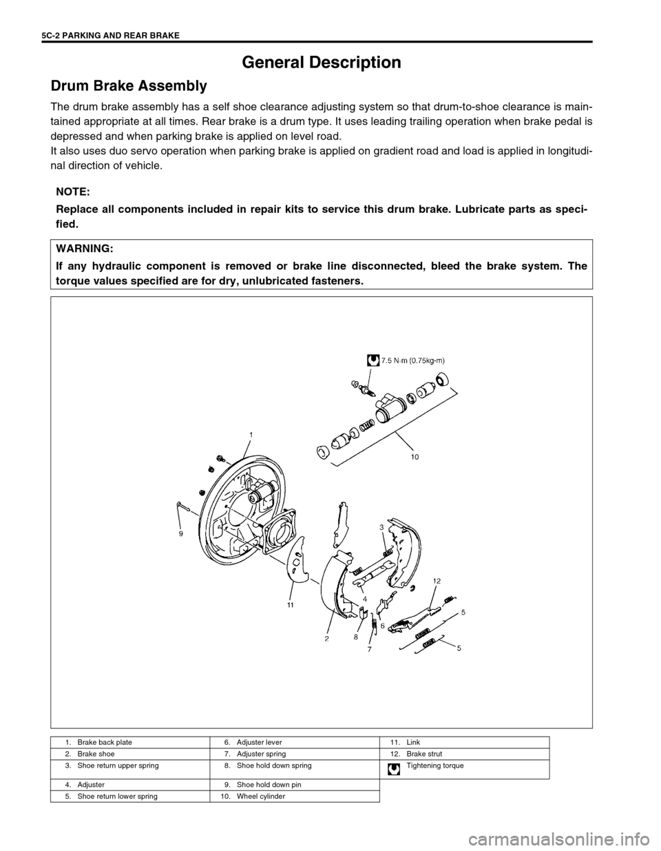 SUZUKI GRAND VITARA 1999 2.G Owners Manual 5C-2 PARKING AND REAR BRAKE
General Description
Drum Brake Assembly
The drum brake assembly has a self shoe clearance adjusting system so that drum-to-shoe clearance is main-
tained appropriate at all SUZUKI GRAND VITARA 1999 2.G Owners Manual 5C-2 PARKING AND REAR BRAKE
General Description
Drum Brake Assembly
The drum brake assembly has a self shoe clearance adjusting system so that drum-to-shoe clearance is main-
tained appropriate at all