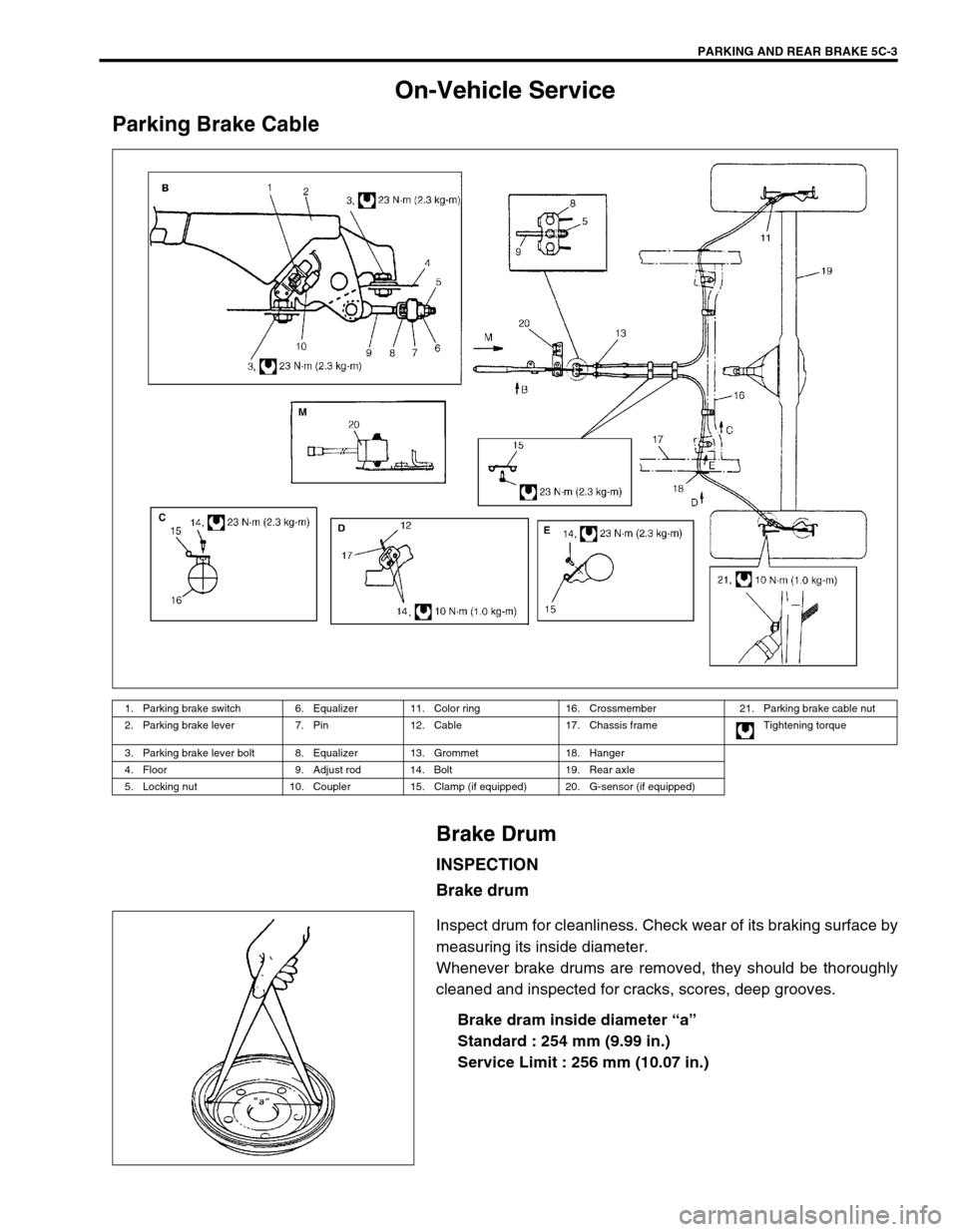 SUZUKI GRAND VITARA 1999 2.G Owners Manual PARKING AND REAR BRAKE 5C-3
On-Vehicle Service
Parking Brake CableBrake Drum
INSPECTION
Brake drum
Inspect drum for cleanliness. Check wear of its braking surface by
measuring its inside diameter.
Whe