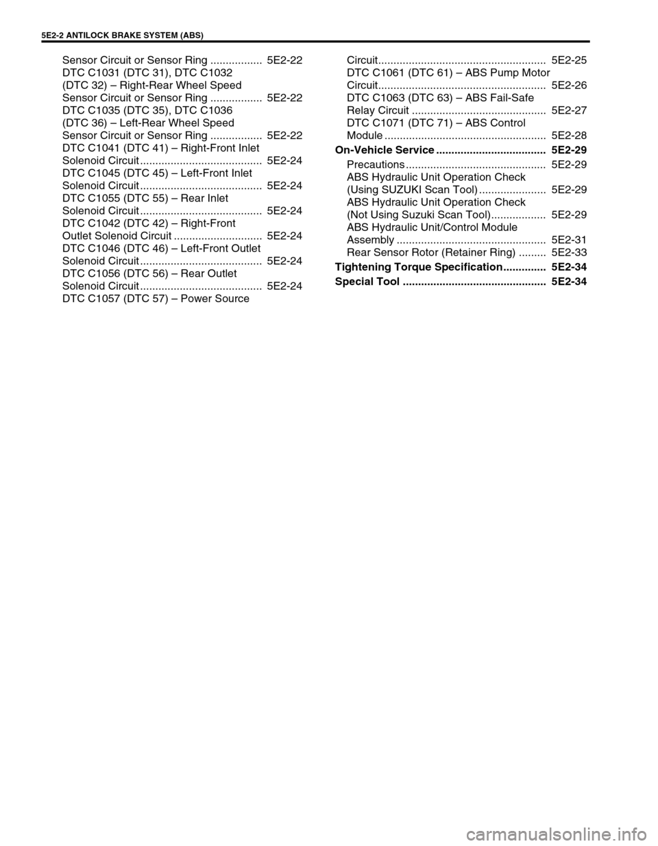 SUZUKI GRAND VITARA 1999 2.G Owners Manual 5E2-2 ANTILOCK BRAKE SYSTEM (ABS)
Sensor Circuit or Sensor Ring ................. 5E2-22
DTC C1031 (DTC 31), DTC C1032
(DTC 32) – Right-Rear Wheel Speed
Sensor Circuit or Sensor Ring ............ SUZUKI GRAND VITARA 1999 2.G Owners Manual 5E2-2 ANTILOCK BRAKE SYSTEM (ABS)
Sensor Circuit or Sensor Ring ................. 5E2-22
DTC C1031 (DTC 31), DTC C1032
(DTC 32) – Right-Rear Wheel Speed
Sensor Circuit or Sensor Ring ............