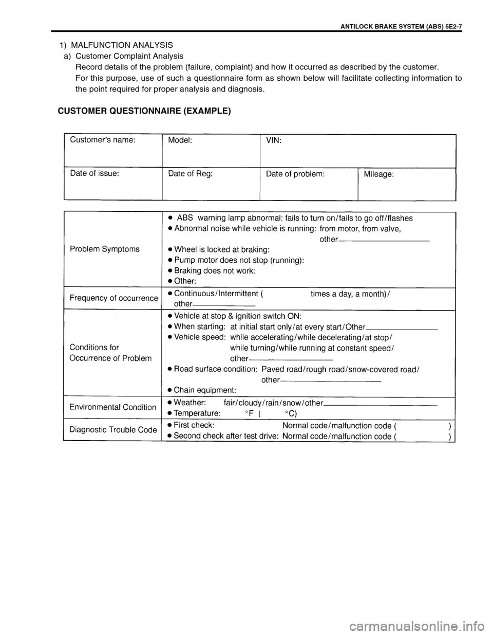 SUZUKI GRAND VITARA 1999 2.G Owners Manual ANTILOCK BRAKE SYSTEM (ABS) 5E2-7
1) MALFUNCTION ANALYSIS
a) Customer Complaint Analysis
Record details of the problem (failure, complaint) and how it occurred as described by the customer.
For this p SUZUKI GRAND VITARA 1999 2.G Owners Manual ANTILOCK BRAKE SYSTEM (ABS) 5E2-7
1) MALFUNCTION ANALYSIS
a) Customer Complaint Analysis
Record details of the problem (failure, complaint) and how it occurred as described by the customer.
For this p