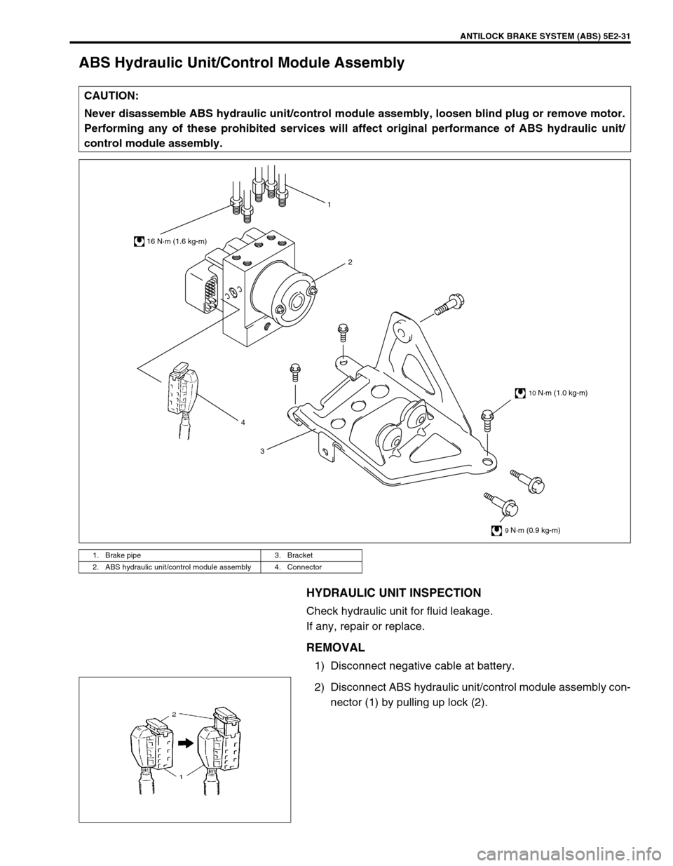 SUZUKI GRAND VITARA 1999 2.G Owners Manual ANTILOCK BRAKE SYSTEM (ABS) 5E2-31
ABS Hydraulic Unit/Control Module Assembly
HYDRAULIC UNIT INSPECTION
Check hydraulic unit for fluid leakage.
If any, repair or replace.
REMOVAL
1) Disconnect negativ SUZUKI GRAND VITARA 1999 2.G Owners Manual ANTILOCK BRAKE SYSTEM (ABS) 5E2-31
ABS Hydraulic Unit/Control Module Assembly
HYDRAULIC UNIT INSPECTION
Check hydraulic unit for fluid leakage.
If any, repair or replace.
REMOVAL
1) Disconnect negativ