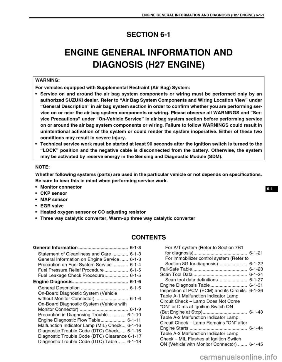 SUZUKI GRAND VITARA 1999 2.G Owners Manual ENGINE GENERAL INFORMATION AND DIAGNOSIS (H27 ENGINE) 6-1-1
6-1
SECTION 6-1
ENGINE GENERAL INFORMATION AND
DIAGNOSIS (H27 ENGINE)
CONTENTS
General Information ...................................... SUZUKI GRAND VITARA 1999 2.G Owners Manual ENGINE GENERAL INFORMATION AND DIAGNOSIS (H27 ENGINE) 6-1-1
6-1
SECTION 6-1
ENGINE GENERAL INFORMATION AND
DIAGNOSIS (H27 ENGINE)
CONTENTS
General Information ......................................