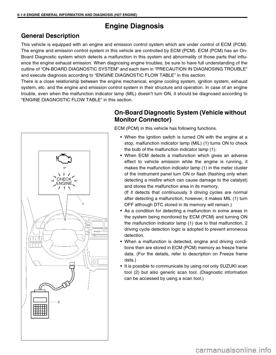 SUZUKI GRAND VITARA 1999 2.G Owners Manual 6-1-6 ENGINE GENERAL INFORMATION AND DIAGNOSIS (H27 ENGINE)
Engine Diagnosis
General Description
This vehicle is equipped with an engine and emission control system which are under control of ECM (PCM