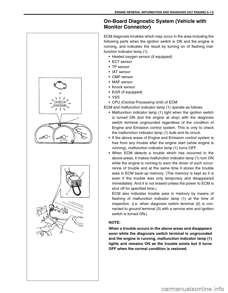 SUZUKI GRAND VITARA 1999 2.G Owners Manual ENGINE GENERAL INFORMATION AND DIAGNOSIS (H27 ENGINE) 6-1-9
On-Board Diagnostic System (Vehicle with
Monitor Connector)
ECM diagnosis troubles which may occur in the area including the
following part SUZUKI GRAND VITARA 1999 2.G Owners Manual ENGINE GENERAL INFORMATION AND DIAGNOSIS (H27 ENGINE) 6-1-9
On-Board Diagnostic System (Vehicle with
Monitor Connector)
ECM diagnosis troubles which may occur in the area including the
following part