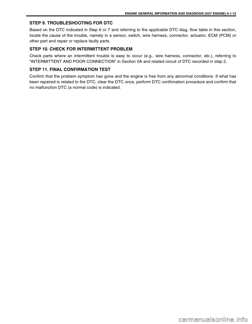 SUZUKI GRAND VITARA 1999 2.G Owners Manual ENGINE GENERAL INFORMATION AND DIAGNOSIS (H27 ENGINE) 6-1-15
STEP 9. TROUBLESHOOTING FOR DTC
Based on the DTC indicated in Step 6 or 7 and referring to the applicable DTC diag. flow table in this sect SUZUKI GRAND VITARA 1999 2.G Owners Manual ENGINE GENERAL INFORMATION AND DIAGNOSIS (H27 ENGINE) 6-1-15
STEP 9. TROUBLESHOOTING FOR DTC
Based on the DTC indicated in Step 6 or 7 and referring to the applicable DTC diag. flow table in this sect