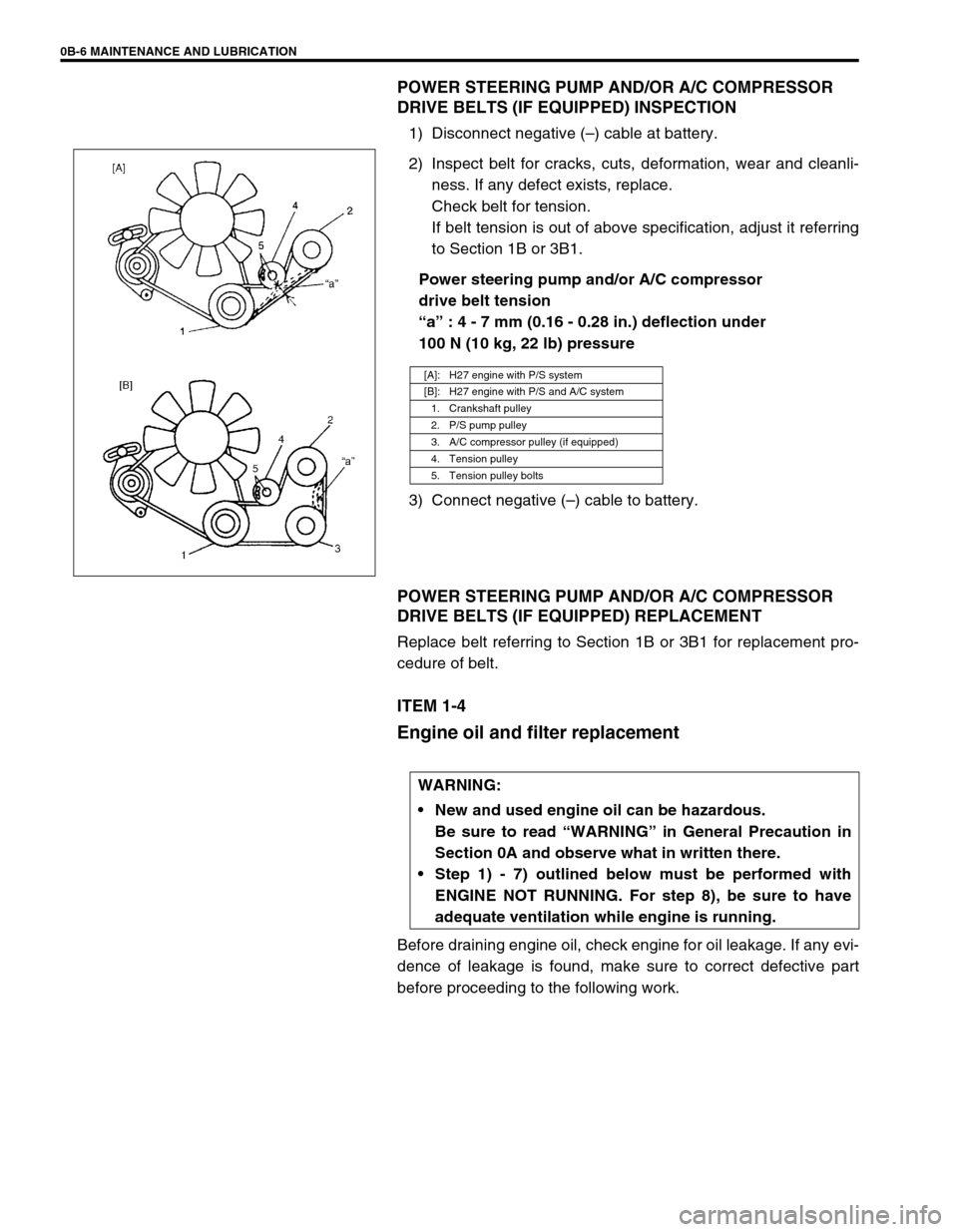 SUZUKI GRAND VITARA 1999 2.G User Guide 0B-6 MAINTENANCE AND LUBRICATION
POWER STEERING PUMP AND/OR A/C COMPRESSOR
DRIVE BELTS (IF EQUIPPED) INSPECTION
1) Disconnect negative (–) cable at battery.
2) Inspect belt for cracks, cuts, defor SUZUKI GRAND VITARA 1999 2.G User Guide 0B-6 MAINTENANCE AND LUBRICATION
POWER STEERING PUMP AND/OR A/C COMPRESSOR
DRIVE BELTS (IF EQUIPPED) INSPECTION
1) Disconnect negative (–) cable at battery.
2) Inspect belt for cracks, cuts, defor