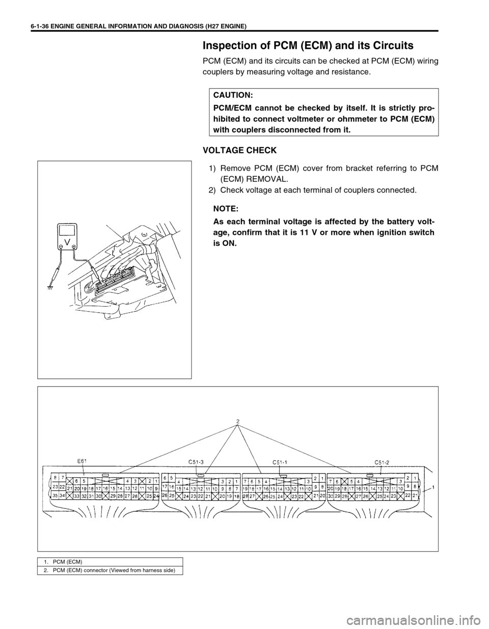 SUZUKI GRAND VITARA 1999 2.G Owners Manual 6-1-36 ENGINE GENERAL INFORMATION AND DIAGNOSIS (H27 ENGINE)
Inspection of PCM (ECM) and its Circuits
PCM (ECM) and its circuits can be checked at PCM (ECM) wiring
couplers by measuring voltage and re SUZUKI GRAND VITARA 1999 2.G Owners Manual 6-1-36 ENGINE GENERAL INFORMATION AND DIAGNOSIS (H27 ENGINE)
Inspection of PCM (ECM) and its Circuits
PCM (ECM) and its circuits can be checked at PCM (ECM) wiring
couplers by measuring voltage and re