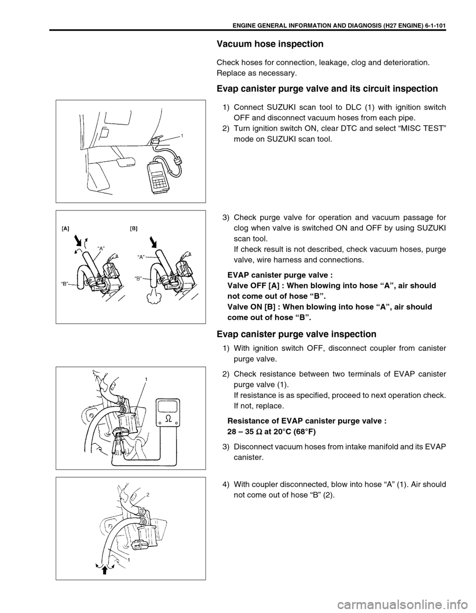 SUZUKI GRAND VITARA 1999 2.G Owners Manual ENGINE GENERAL INFORMATION AND DIAGNOSIS (H27 ENGINE) 6-1-101
Vacuum hose inspection
Check hoses for connection, leakage, clog and deterioration.
Replace as necessary.
Evap canister purge valve and it SUZUKI GRAND VITARA 1999 2.G Owners Manual ENGINE GENERAL INFORMATION AND DIAGNOSIS (H27 ENGINE) 6-1-101
Vacuum hose inspection
Check hoses for connection, leakage, clog and deterioration.
Replace as necessary.
Evap canister purge valve and it