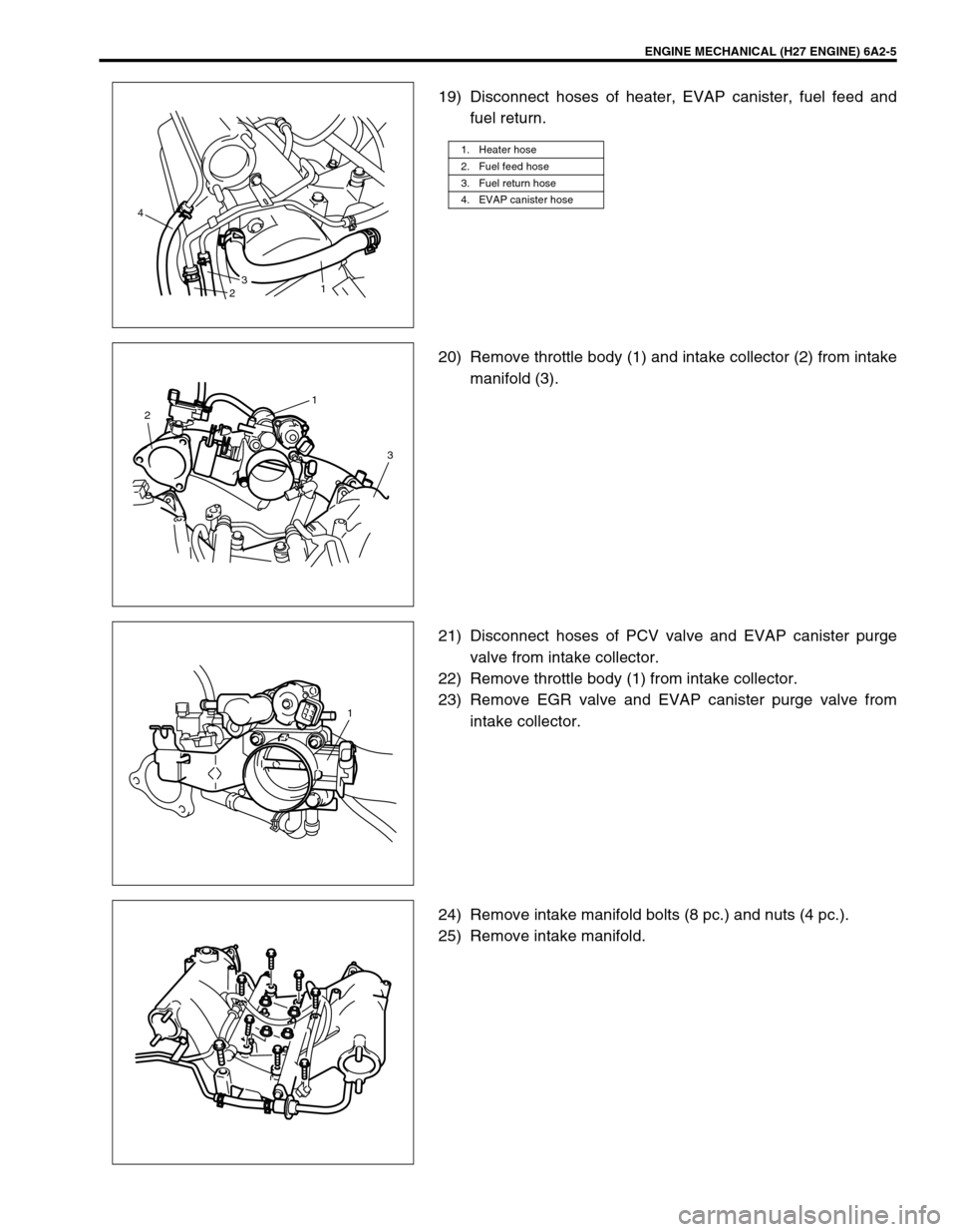 SUZUKI GRAND VITARA 1999 2.G Owners Manual ENGINE MECHANICAL (H27 ENGINE) 6A2-5
19) Disconnect hoses of heater, EVAP canister, fuel feed and
fuel return.
20) Remove throttle body (1) and intake collector (2) from intake
manifold (3).
21) Disco SUZUKI GRAND VITARA 1999 2.G Owners Manual ENGINE MECHANICAL (H27 ENGINE) 6A2-5
19) Disconnect hoses of heater, EVAP canister, fuel feed and
fuel return.
20) Remove throttle body (1) and intake collector (2) from intake
manifold (3).
21) Disco