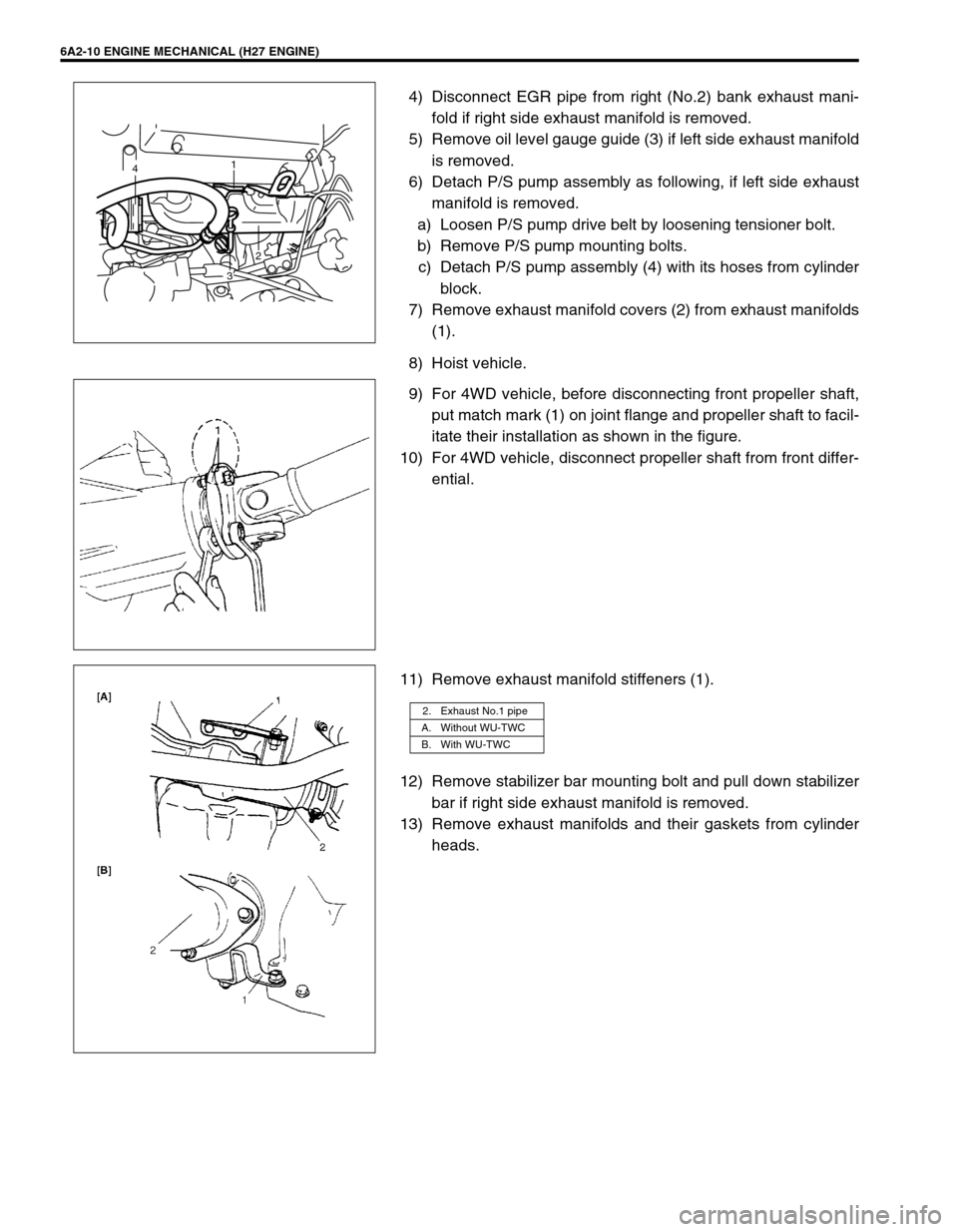 SUZUKI GRAND VITARA 1999 2.G Owners Manual 6A2-10 ENGINE MECHANICAL (H27 ENGINE)
4) Disconnect EGR pipe from right (No.2) bank exhaust mani-
fold if right side exhaust manifold is removed.
5) Remove oil level gauge guide (3) if left side exhau SUZUKI GRAND VITARA 1999 2.G Owners Manual 6A2-10 ENGINE MECHANICAL (H27 ENGINE)
4) Disconnect EGR pipe from right (No.2) bank exhaust mani-
fold if right side exhaust manifold is removed.
5) Remove oil level gauge guide (3) if left side exhau