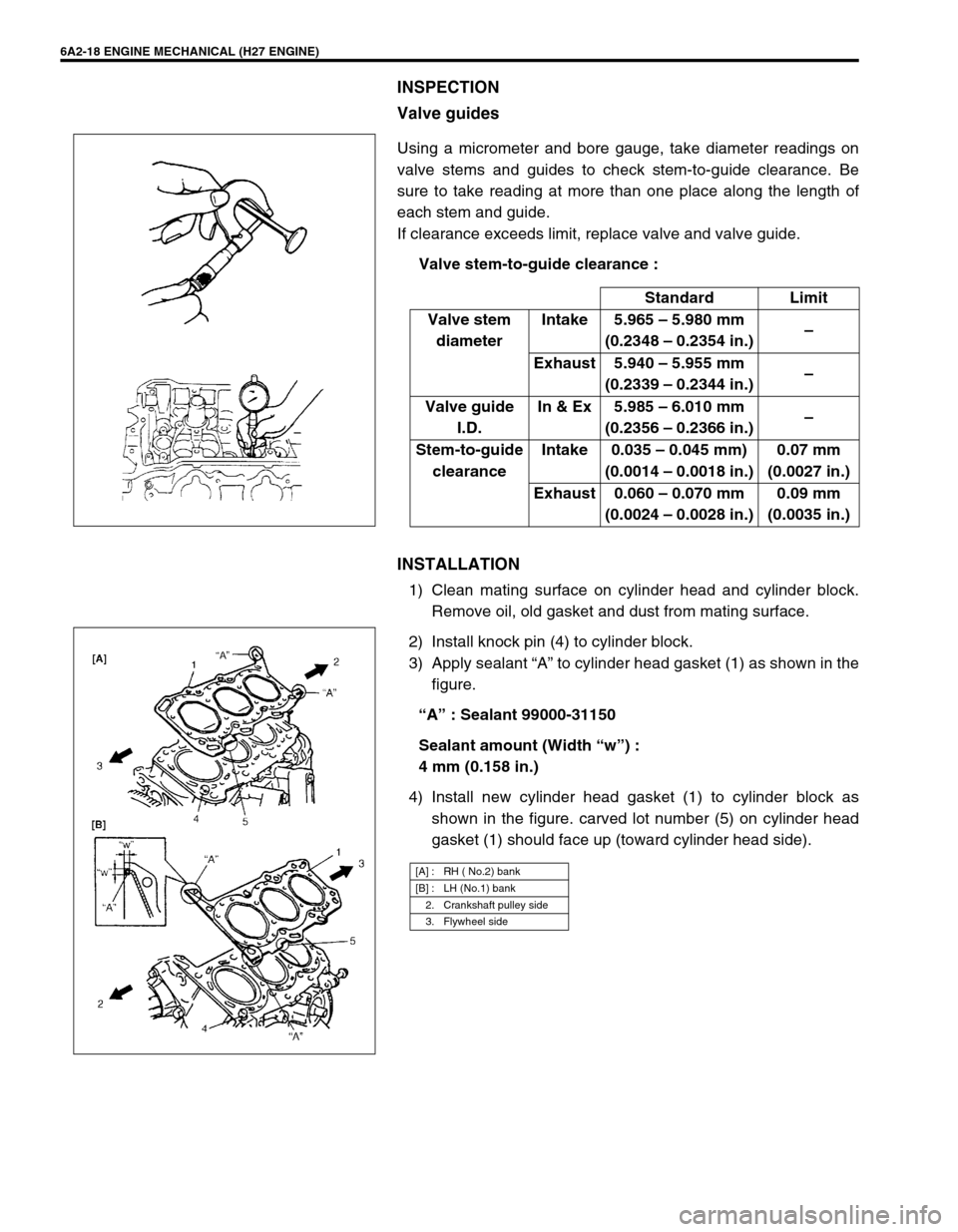 SUZUKI GRAND VITARA 1999 2.G Owners Manual 6A2-18 ENGINE MECHANICAL (H27 ENGINE)
INSPECTION
Valve guides
Using a micrometer and bore gauge, take diameter readings on
valve stems and guides to check stem-to-guide clearance. Be
sure to take read SUZUKI GRAND VITARA 1999 2.G Owners Manual 6A2-18 ENGINE MECHANICAL (H27 ENGINE)
INSPECTION
Valve guides
Using a micrometer and bore gauge, take diameter readings on
valve stems and guides to check stem-to-guide clearance. Be
sure to take read