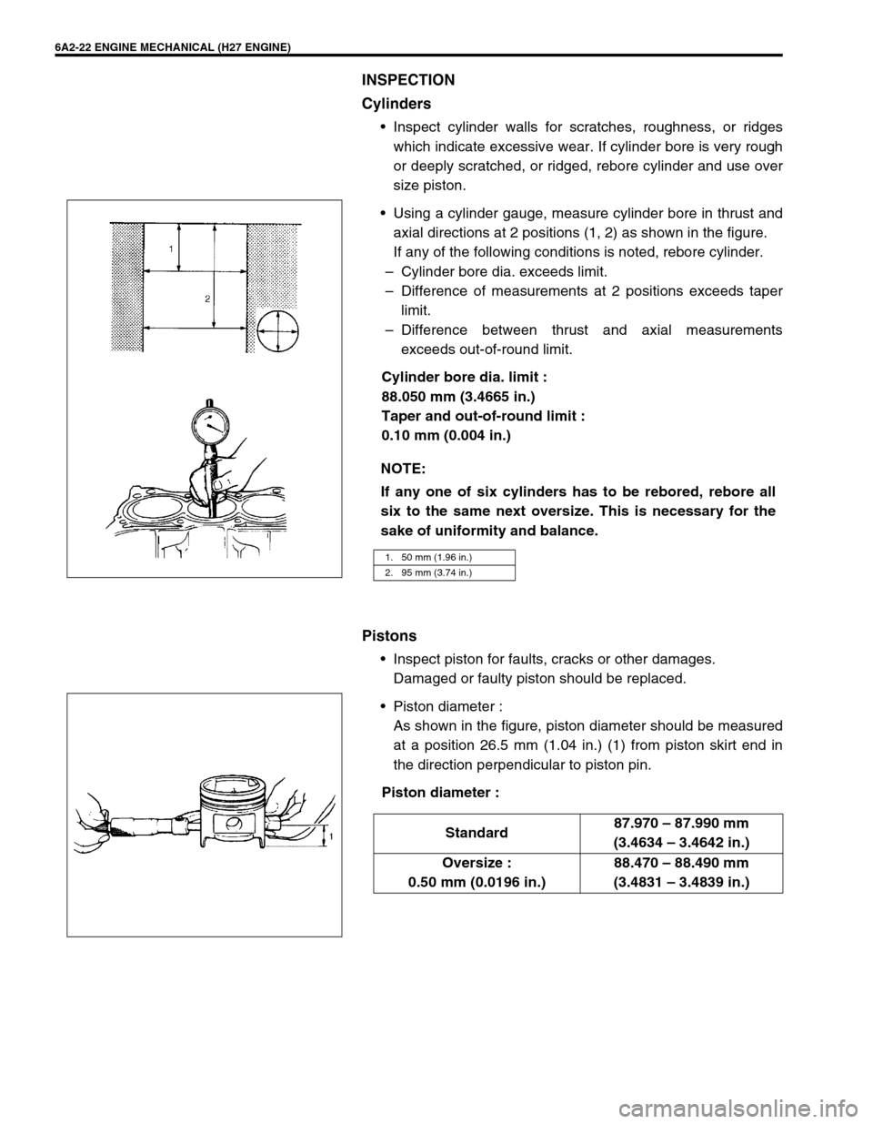 SUZUKI GRAND VITARA 1999 2.G Owners Manual 6A2-22 ENGINE MECHANICAL (H27 ENGINE)
INSPECTION
Cylinders
•Inspect cylinder walls for scratches, roughness, or ridges
which indicate excessive wear. If cylinder bore is very rough
or deeply scratch SUZUKI GRAND VITARA 1999 2.G Owners Manual 6A2-22 ENGINE MECHANICAL (H27 ENGINE)
INSPECTION
Cylinders
•Inspect cylinder walls for scratches, roughness, or ridges
which indicate excessive wear. If cylinder bore is very rough
or deeply scratch
