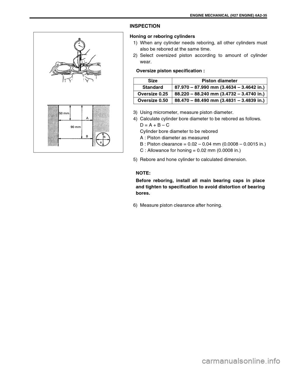 SUZUKI GRAND VITARA 1999 2.G Owners Manual ENGINE MECHANICAL (H27 ENGINE) 6A2-35
INSPECTION
Honing or reboring cylinders
1) When any cylinder needs reboring, all other cylinders must
also be rebored at the same time.
2) Select oversized piston SUZUKI GRAND VITARA 1999 2.G Owners Manual ENGINE MECHANICAL (H27 ENGINE) 6A2-35
INSPECTION
Honing or reboring cylinders
1) When any cylinder needs reboring, all other cylinders must
also be rebored at the same time.
2) Select oversized piston