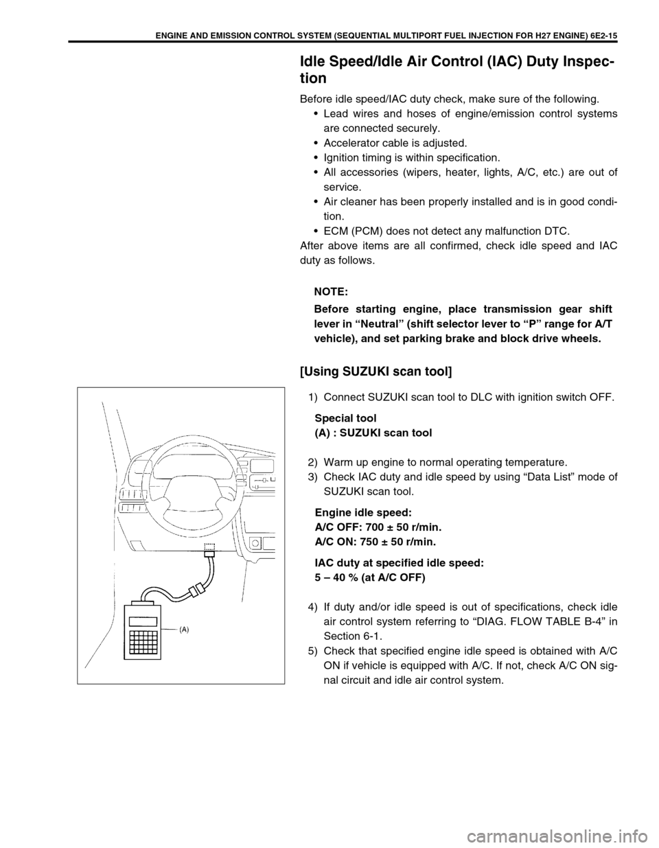 SUZUKI GRAND VITARA 1999 2.G Owners Manual ENGINE AND EMISSION CONTROL SYSTEM (SEQUENTIAL MULTIPORT FUEL INJECTION FOR H27 ENGINE) 6E2-15
Idle Speed/Idle Air Control (IAC) Duty Inspec-
tion
Before idle speed/IAC duty check, make sure of the fo SUZUKI GRAND VITARA 1999 2.G Owners Manual ENGINE AND EMISSION CONTROL SYSTEM (SEQUENTIAL MULTIPORT FUEL INJECTION FOR H27 ENGINE) 6E2-15
Idle Speed/Idle Air Control (IAC) Duty Inspec-
tion
Before idle speed/IAC duty check, make sure of the fo