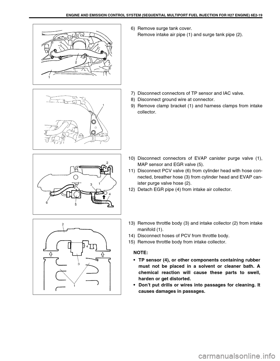 SUZUKI GRAND VITARA 1999 2.G Owners Manual ENGINE AND EMISSION CONTROL SYSTEM (SEQUENTIAL MULTIPORT FUEL INJECTION FOR H27 ENGINE) 6E2-19
6) Remove surge tank cover.
Remove intake air pipe (1) and surge tank pipe (2).
7) Disconnect connectors SUZUKI GRAND VITARA 1999 2.G Owners Manual ENGINE AND EMISSION CONTROL SYSTEM (SEQUENTIAL MULTIPORT FUEL INJECTION FOR H27 ENGINE) 6E2-19
6) Remove surge tank cover.
Remove intake air pipe (1) and surge tank pipe (2).
7) Disconnect connectors