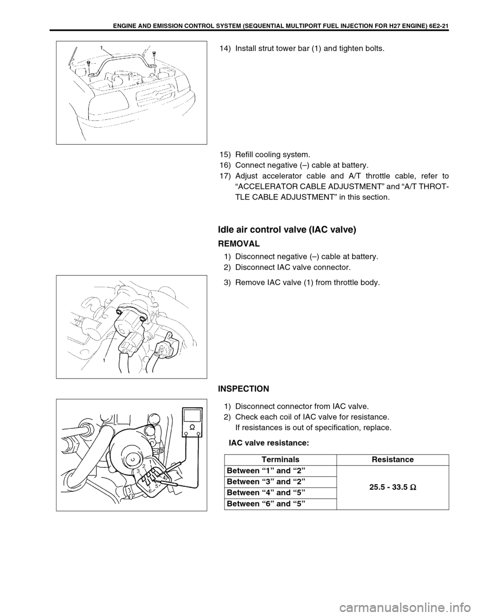 SUZUKI GRAND VITARA 1999 2.G Owners Manual ENGINE AND EMISSION CONTROL SYSTEM (SEQUENTIAL MULTIPORT FUEL INJECTION FOR H27 ENGINE) 6E2-21
14) Install strut tower bar (1) and tighten bolts.
15) Refill cooling system.
16) Connect negative (–) SUZUKI GRAND VITARA 1999 2.G Owners Manual ENGINE AND EMISSION CONTROL SYSTEM (SEQUENTIAL MULTIPORT FUEL INJECTION FOR H27 ENGINE) 6E2-21
14) Install strut tower bar (1) and tighten bolts.
15) Refill cooling system.
16) Connect negative (–)