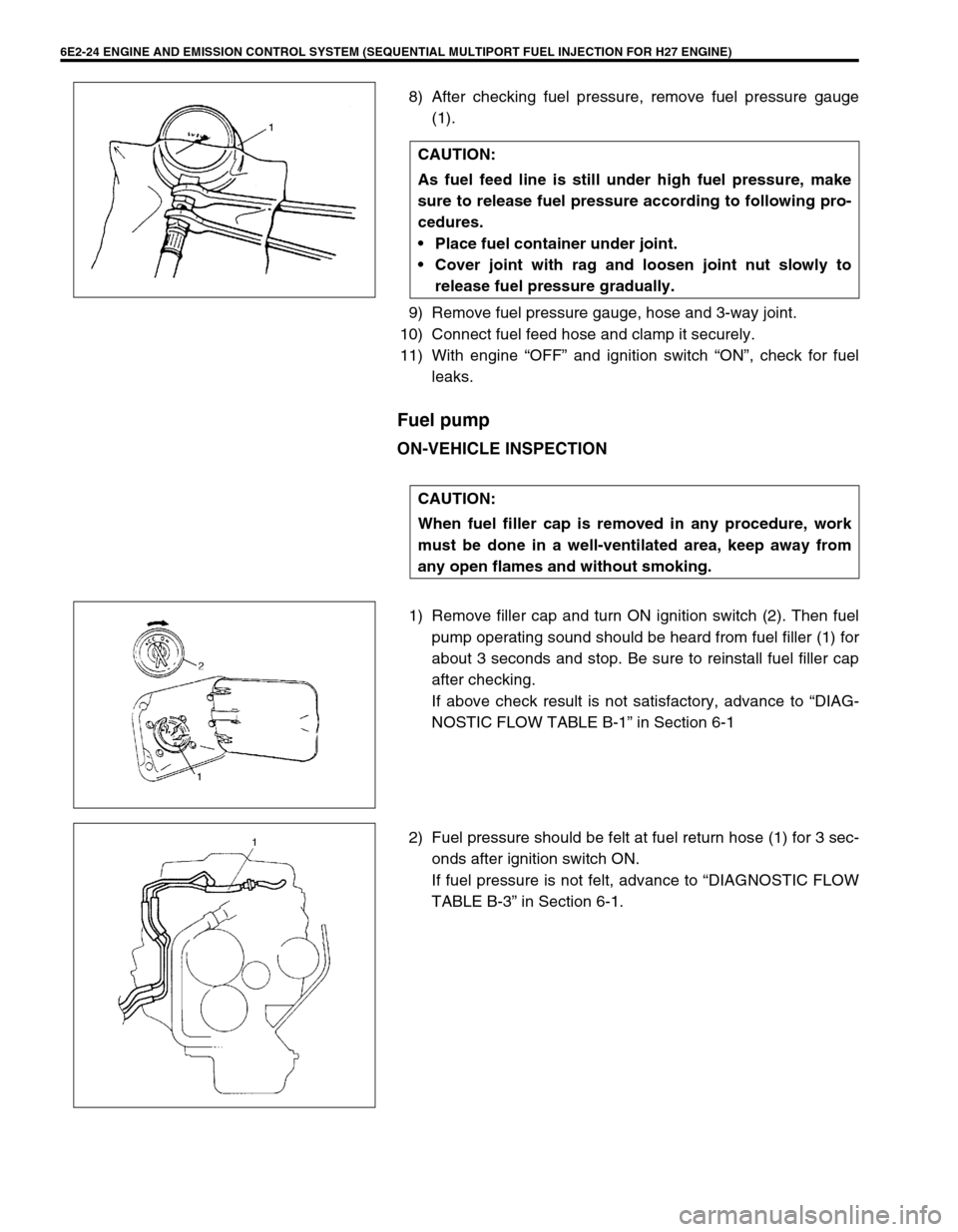 SUZUKI GRAND VITARA 1999 2.G Owners Manual 6E2-24 ENGINE AND EMISSION CONTROL SYSTEM (SEQUENTIAL MULTIPORT FUEL INJECTION FOR H27 ENGINE)
8) After checking fuel pressure, remove fuel pressure gauge
(1).
9) Remove fuel pressure gauge, hose and SUZUKI GRAND VITARA 1999 2.G Owners Manual 6E2-24 ENGINE AND EMISSION CONTROL SYSTEM (SEQUENTIAL MULTIPORT FUEL INJECTION FOR H27 ENGINE)
8) After checking fuel pressure, remove fuel pressure gauge
(1).
9) Remove fuel pressure gauge, hose and