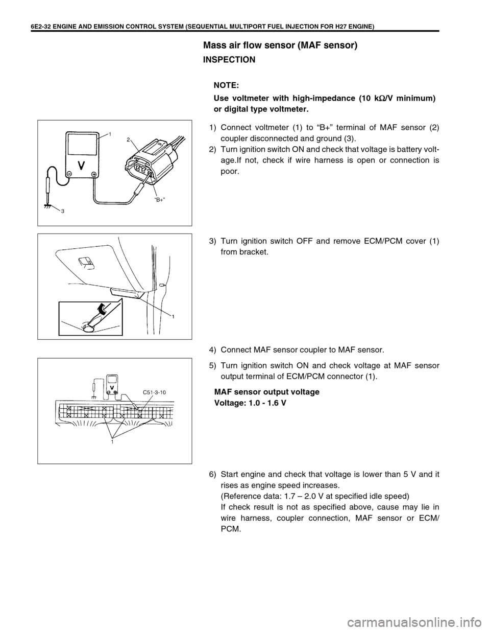 SUZUKI GRAND VITARA 1999 2.G Owners Manual 6E2-32 ENGINE AND EMISSION CONTROL SYSTEM (SEQUENTIAL MULTIPORT FUEL INJECTION FOR H27 ENGINE)
Mass air flow sensor (MAF sensor)
INSPECTION
1) Connect voltmeter (1) to “B+” terminal of MAF sensor SUZUKI GRAND VITARA 1999 2.G Owners Manual 6E2-32 ENGINE AND EMISSION CONTROL SYSTEM (SEQUENTIAL MULTIPORT FUEL INJECTION FOR H27 ENGINE)
Mass air flow sensor (MAF sensor)
INSPECTION
1) Connect voltmeter (1) to “B+” terminal of MAF sensor