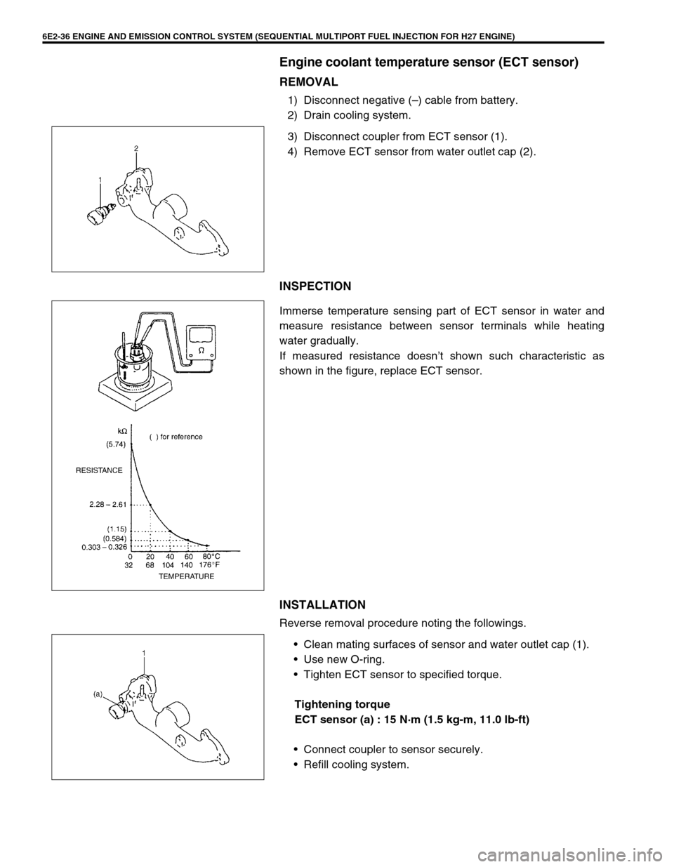 SUZUKI GRAND VITARA 1999 2.G Owners Manual 6E2-36 ENGINE AND EMISSION CONTROL SYSTEM (SEQUENTIAL MULTIPORT FUEL INJECTION FOR H27 ENGINE)
Engine coolant temperature sensor (ECT sensor)
REMOVAL
1) Disconnect negative (–) cable from battery.
2 SUZUKI GRAND VITARA 1999 2.G Owners Manual 6E2-36 ENGINE AND EMISSION CONTROL SYSTEM (SEQUENTIAL MULTIPORT FUEL INJECTION FOR H27 ENGINE)
Engine coolant temperature sensor (ECT sensor)
REMOVAL
1) Disconnect negative (–) cable from battery.
2