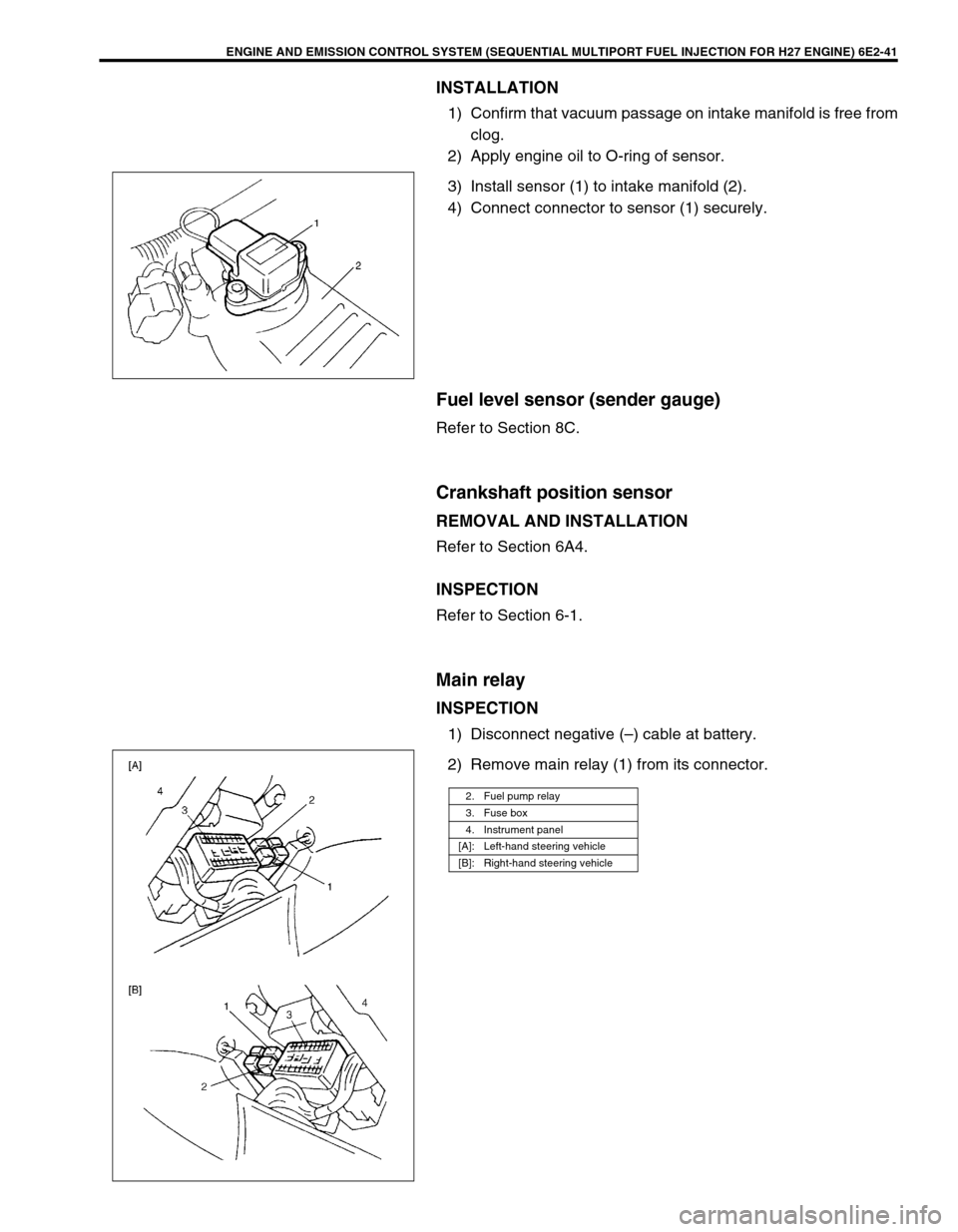 SUZUKI GRAND VITARA 1999 2.G Owners Manual ENGINE AND EMISSION CONTROL SYSTEM (SEQUENTIAL MULTIPORT FUEL INJECTION FOR H27 ENGINE) 6E2-41
INSTALLATION
1) Confirm that vacuum passage on intake manifold is free from
clog.
2) Apply engine oil to SUZUKI GRAND VITARA 1999 2.G Owners Manual ENGINE AND EMISSION CONTROL SYSTEM (SEQUENTIAL MULTIPORT FUEL INJECTION FOR H27 ENGINE) 6E2-41
INSTALLATION
1) Confirm that vacuum passage on intake manifold is free from
clog.
2) Apply engine oil to