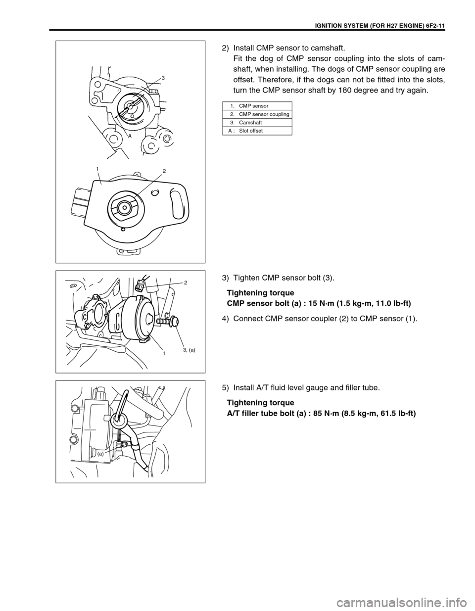 SUZUKI GRAND VITARA 1999 2.G Owners Manual IGNITION SYSTEM (FOR H27 ENGINE) 6F2-11
2) Install CMP sensor to camshaft.
Fit the dog of CMP sensor coupling into the slots of cam-
shaft, when installing. The dogs of CMP sensor coupling are
offset.