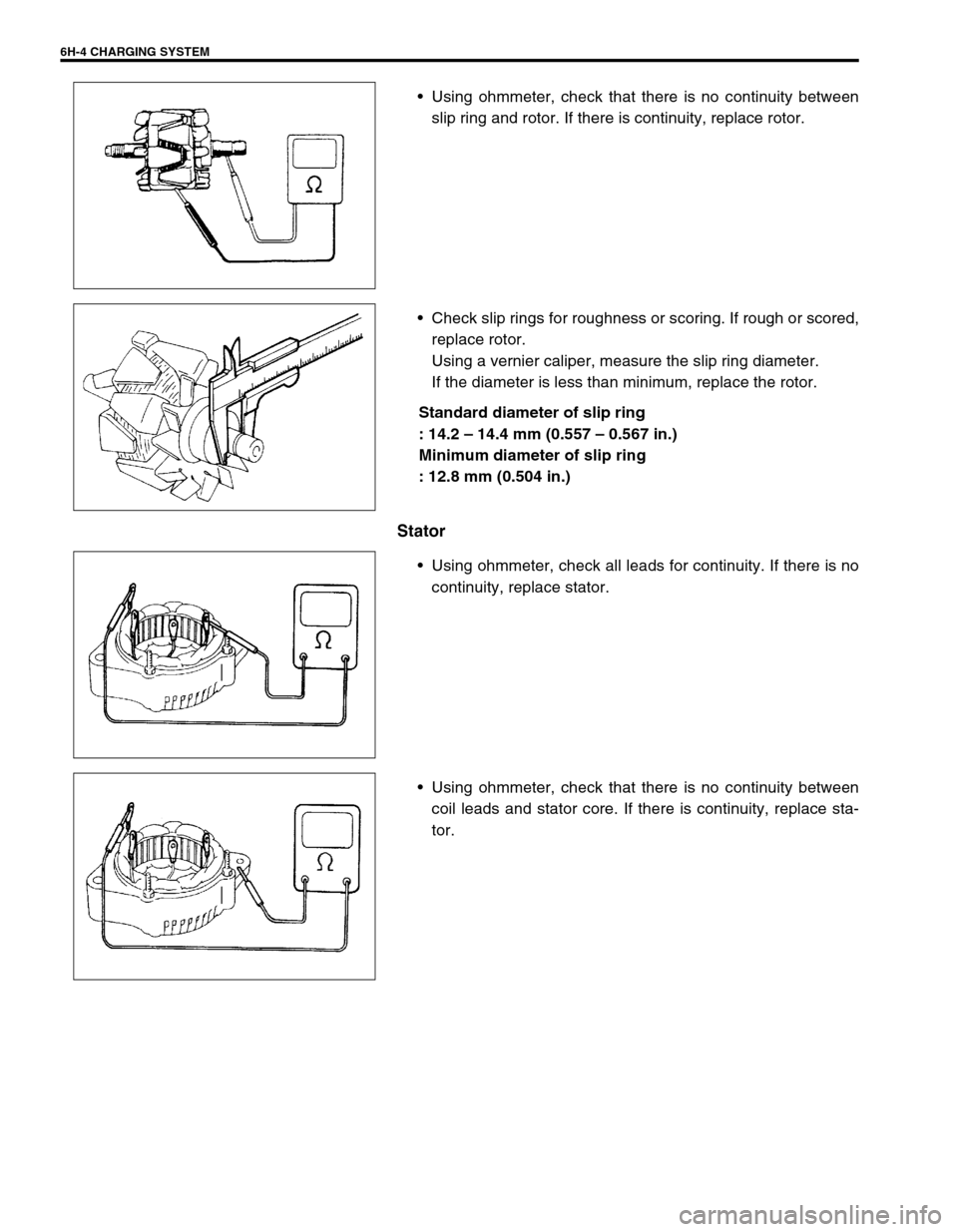 SUZUKI GRAND VITARA 1999 2.G Owners Manual 6H-4 CHARGING SYSTEM
•Using ohmmeter, check that there is no continuity between
slip ring and rotor. If there is continuity, replace rotor.
•Check slip rings for roughness or scoring. If rough or SUZUKI GRAND VITARA 1999 2.G Owners Manual 6H-4 CHARGING SYSTEM
•Using ohmmeter, check that there is no continuity between
slip ring and rotor. If there is continuity, replace rotor.
•Check slip rings for roughness or scoring. If rough or