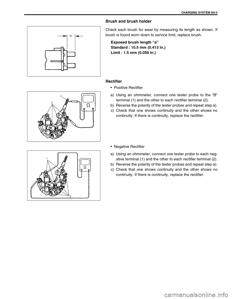 SUZUKI GRAND VITARA 1999 2.G Owners Manual CHARGING SYSTEM 6H-5
Brush and brush holder
Check each brush for wear by measuring its length as shown. If
brush is found worn down to service limit, replace brush.
Exposed brush length “a”
Standa SUZUKI GRAND VITARA 1999 2.G Owners Manual CHARGING SYSTEM 6H-5
Brush and brush holder
Check each brush for wear by measuring its length as shown. If
brush is found worn down to service limit, replace brush.
Exposed brush length “a”
Standa