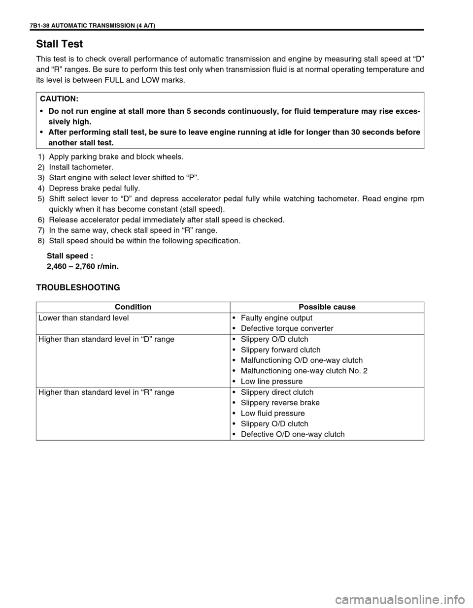 SUZUKI GRAND VITARA 1999 2.G Owners Manual 7B1-38 AUTOMATIC TRANSMISSION (4 A/T)
Stall Test
This test is to check overall performance of automatic transmission and engine by measuring stall speed at “D”
and “R” ranges. Be sure to perfo SUZUKI GRAND VITARA 1999 2.G Owners Manual 7B1-38 AUTOMATIC TRANSMISSION (4 A/T)
Stall Test
This test is to check overall performance of automatic transmission and engine by measuring stall speed at “D”
and “R” ranges. Be sure to perfo