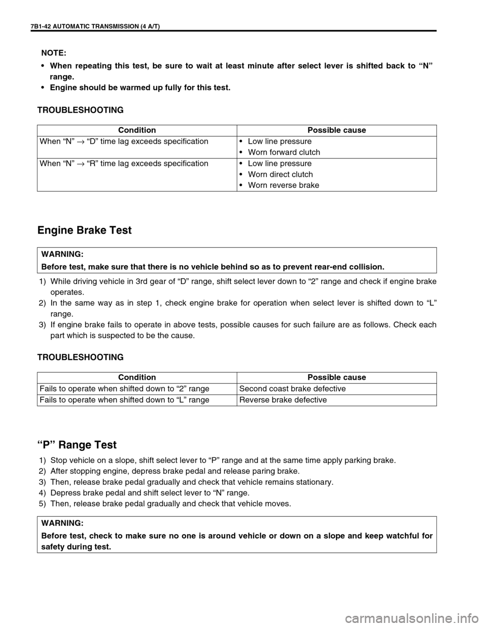 SUZUKI GRAND VITARA 1999 2.G Owners Manual 7B1-42 AUTOMATIC TRANSMISSION (4 A/T)
TROUBLESHOOTING
Engine Brake Test
1) While driving vehicle in 3rd gear of “D” range, shift select lever down to “2” range and check if engine brake
operat SUZUKI GRAND VITARA 1999 2.G Owners Manual 7B1-42 AUTOMATIC TRANSMISSION (4 A/T)
TROUBLESHOOTING
Engine Brake Test
1) While driving vehicle in 3rd gear of “D” range, shift select lever down to “2” range and check if engine brake
operat