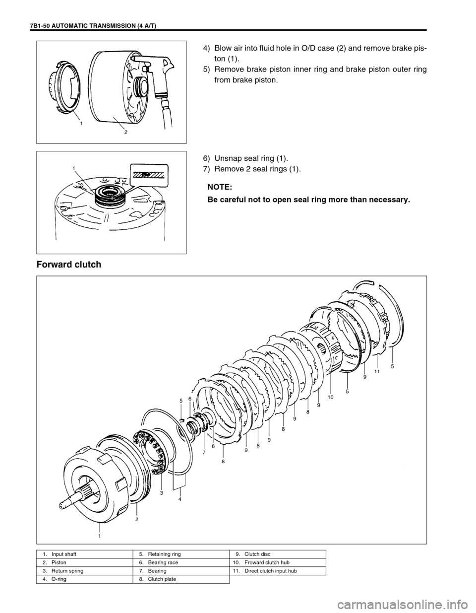 SUZUKI GRAND VITARA 1999 2.G Owners Manual 7B1-50 AUTOMATIC TRANSMISSION (4 A/T)
4) Blow air into fluid hole in O/D case (2) and remove brake pis-
ton (1).
5) Remove brake piston inner ring and brake piston outer ring
from brake piston.
6) Uns