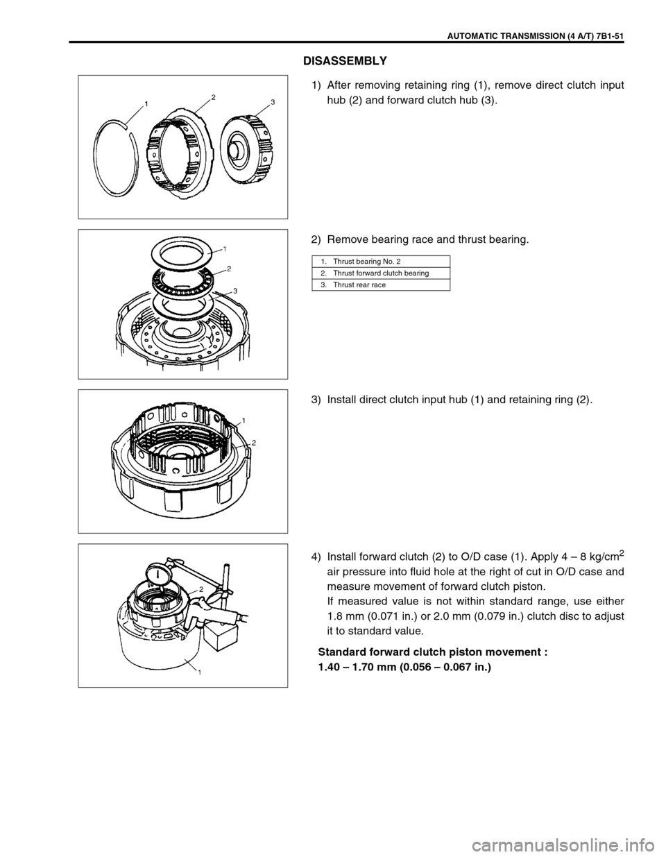 SUZUKI GRAND VITARA 1999 2.G Owners Manual AUTOMATIC TRANSMISSION (4 A/T) 7B1-51
DISASSEMBLY
1) After removing retaining ring (1), remove direct clutch input
hub (2) and forward clutch hub (3).
2) Remove bearing race and thrust bearing.
3) Ins SUZUKI GRAND VITARA 1999 2.G Owners Manual AUTOMATIC TRANSMISSION (4 A/T) 7B1-51
DISASSEMBLY
1) After removing retaining ring (1), remove direct clutch input
hub (2) and forward clutch hub (3).
2) Remove bearing race and thrust bearing.
3) Ins