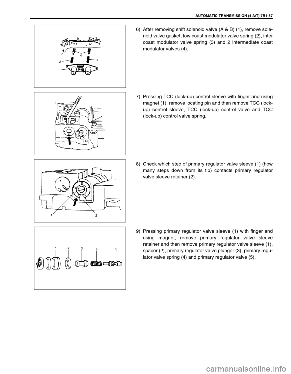 SUZUKI GRAND VITARA 1999 2.G Owners Manual AUTOMATIC TRANSMISSION (4 A/T) 7B1-57
6) After removing shift solenoid valve (A & B) (1), remove sole-
noid valve gasket, low coast modulator valve spring (2), inter
coast modulator valve spring (3) a SUZUKI GRAND VITARA 1999 2.G Owners Manual AUTOMATIC TRANSMISSION (4 A/T) 7B1-57
6) After removing shift solenoid valve (A & B) (1), remove sole-
noid valve gasket, low coast modulator valve spring (2), inter
coast modulator valve spring (3) a