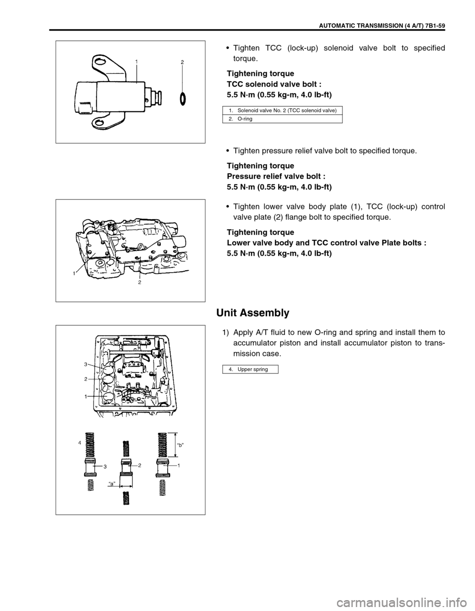 SUZUKI GRAND VITARA 1999 2.G Owners Manual AUTOMATIC TRANSMISSION (4 A/T) 7B1-59
•Tighten TCC (lock-up) solenoid valve bolt to specified
torque.
Tightening torque
TCC solenoid valve bolt :
5.5 N·m (0.55 kg-m, 4.0 lb-ft)
•Tighten pressure SUZUKI GRAND VITARA 1999 2.G Owners Manual AUTOMATIC TRANSMISSION (4 A/T) 7B1-59
•Tighten TCC (lock-up) solenoid valve bolt to specified
torque.
Tightening torque
TCC solenoid valve bolt :
5.5 N·m (0.55 kg-m, 4.0 lb-ft)
•Tighten pressure