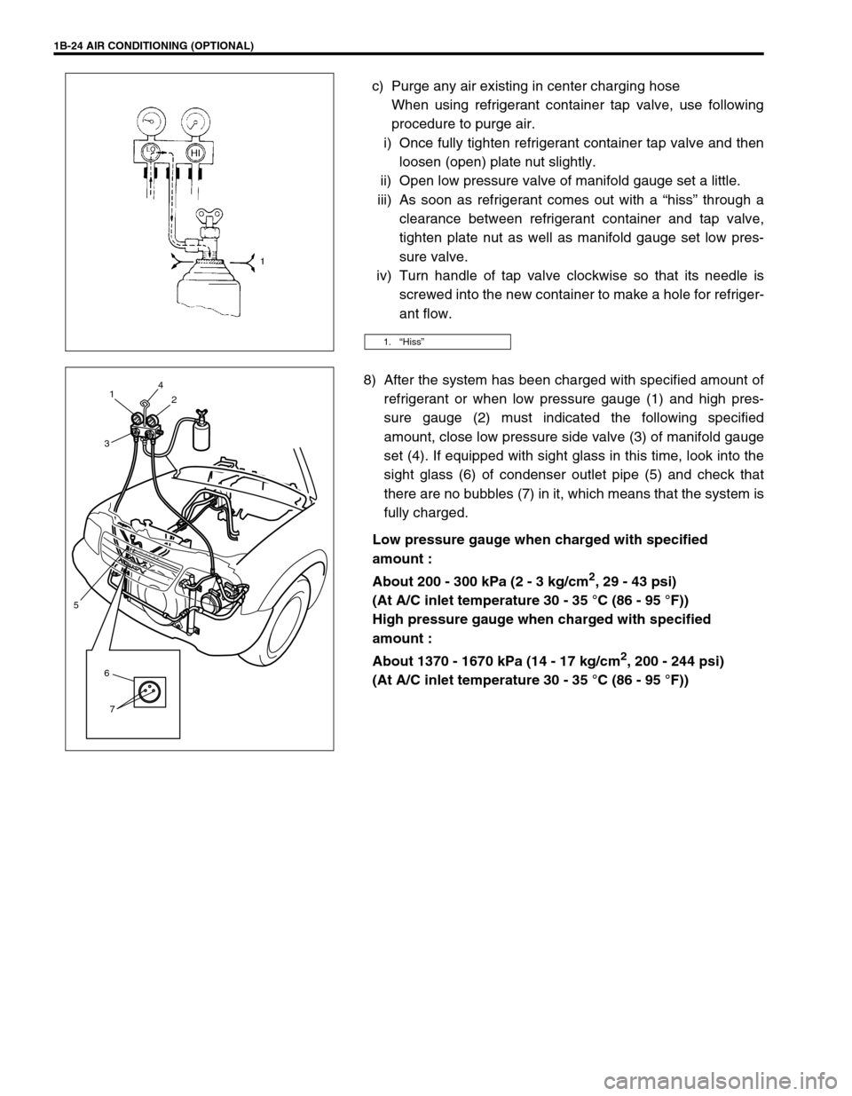 SUZUKI GRAND VITARA 1999 2.G Service Manual 1B-24 AIR CONDITIONING (OPTIONAL)
c) Purge any air existing in center charging hose
When using refrigerant container tap valve, use following
procedure to purge air.
i) Once fully tighten refrigerant SUZUKI GRAND VITARA 1999 2.G Service Manual 1B-24 AIR CONDITIONING (OPTIONAL)
c) Purge any air existing in center charging hose
When using refrigerant container tap valve, use following
procedure to purge air.
i) Once fully tighten refrigerant