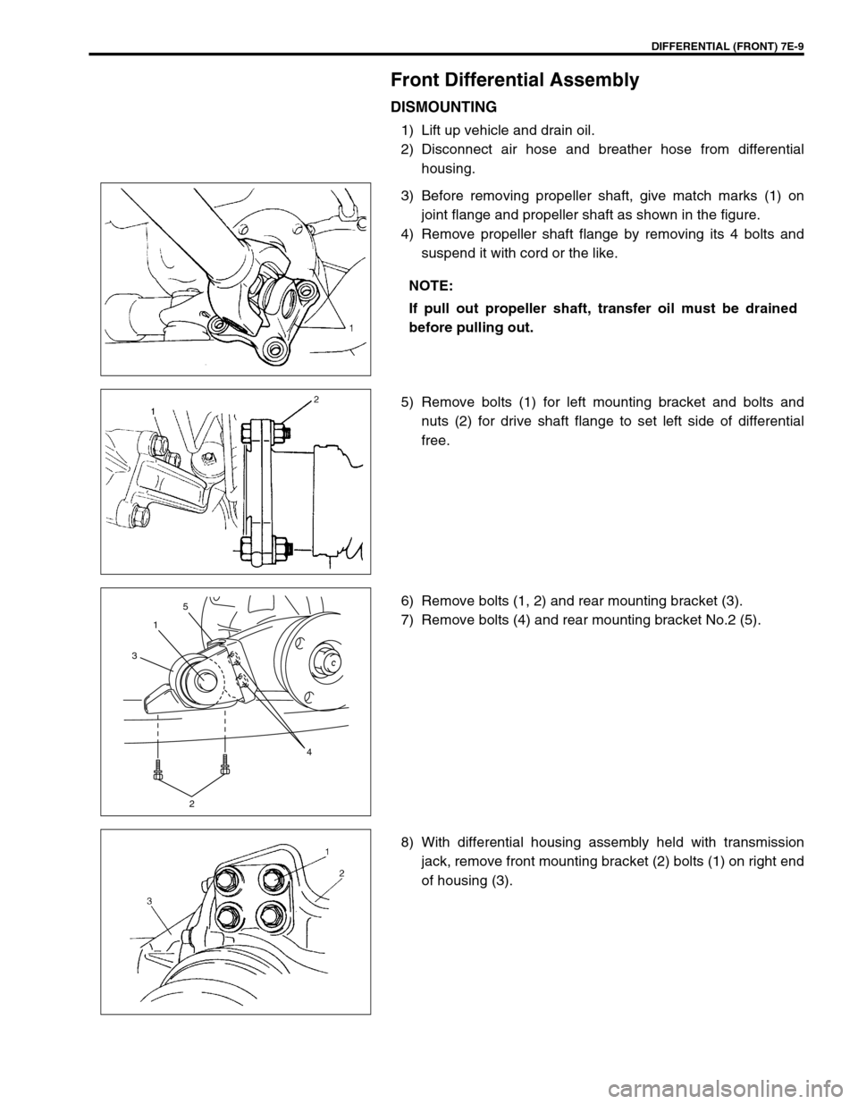 SUZUKI GRAND VITARA 1999 2.G Owners Manual DIFFERENTIAL (FRONT) 7E-9
Front Differential Assembly
DISMOUNTING
1) Lift up vehicle and drain oil.
2) Disconnect air hose and breather hose from differential
housing.
3) Before removing propeller sha SUZUKI GRAND VITARA 1999 2.G Owners Manual DIFFERENTIAL (FRONT) 7E-9
Front Differential Assembly
DISMOUNTING
1) Lift up vehicle and drain oil.
2) Disconnect air hose and breather hose from differential
housing.
3) Before removing propeller sha
