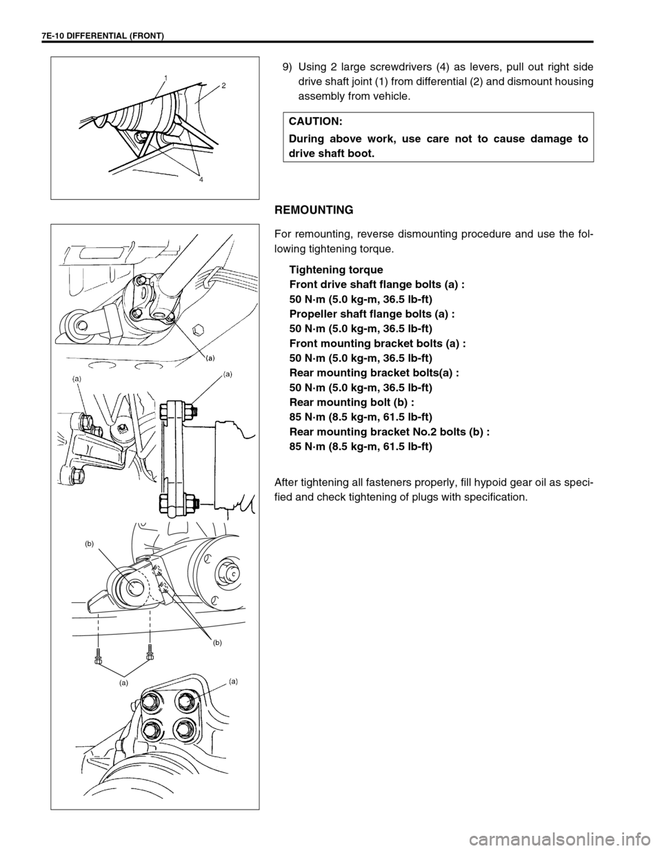 SUZUKI GRAND VITARA 1999 2.G Owners Manual 7E-10 DIFFERENTIAL (FRONT)
9) Using 2 large screwdrivers (4) as levers, pull out right side
drive shaft joint (1) from differential (2) and dismount housing
assembly from vehicle.
REMOUNTING
For remou SUZUKI GRAND VITARA 1999 2.G Owners Manual 7E-10 DIFFERENTIAL (FRONT)
9) Using 2 large screwdrivers (4) as levers, pull out right side
drive shaft joint (1) from differential (2) and dismount housing
assembly from vehicle.
REMOUNTING
For remou