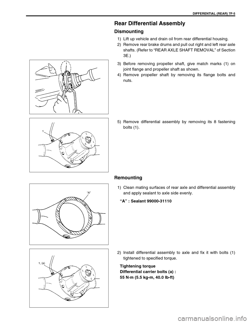 SUZUKI GRAND VITARA 1999 2.G Owners Manual DIFFERENTIAL (REAR) 7F-5
Rear Differential Assembly
Dismounting
1) Lift up vehicle and drain oil from rear differential housing.
2) Remove rear brake drums and pull out right and left rear axle
shafts SUZUKI GRAND VITARA 1999 2.G Owners Manual DIFFERENTIAL (REAR) 7F-5
Rear Differential Assembly
Dismounting
1) Lift up vehicle and drain oil from rear differential housing.
2) Remove rear brake drums and pull out right and left rear axle
shafts