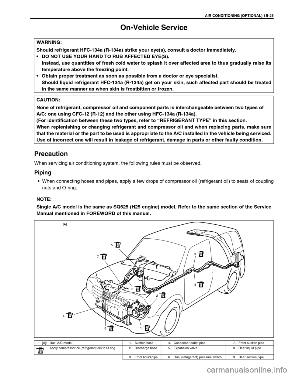 SUZUKI GRAND VITARA 1999 2.G User Guide AIR CONDITIONING (OPTIONAL) 1B-25
On-Vehicle Service
Precaution
When servicing air conditioning system, the following rules must be observed.
Piping
When connecting hoses and pipes, apply a few drops